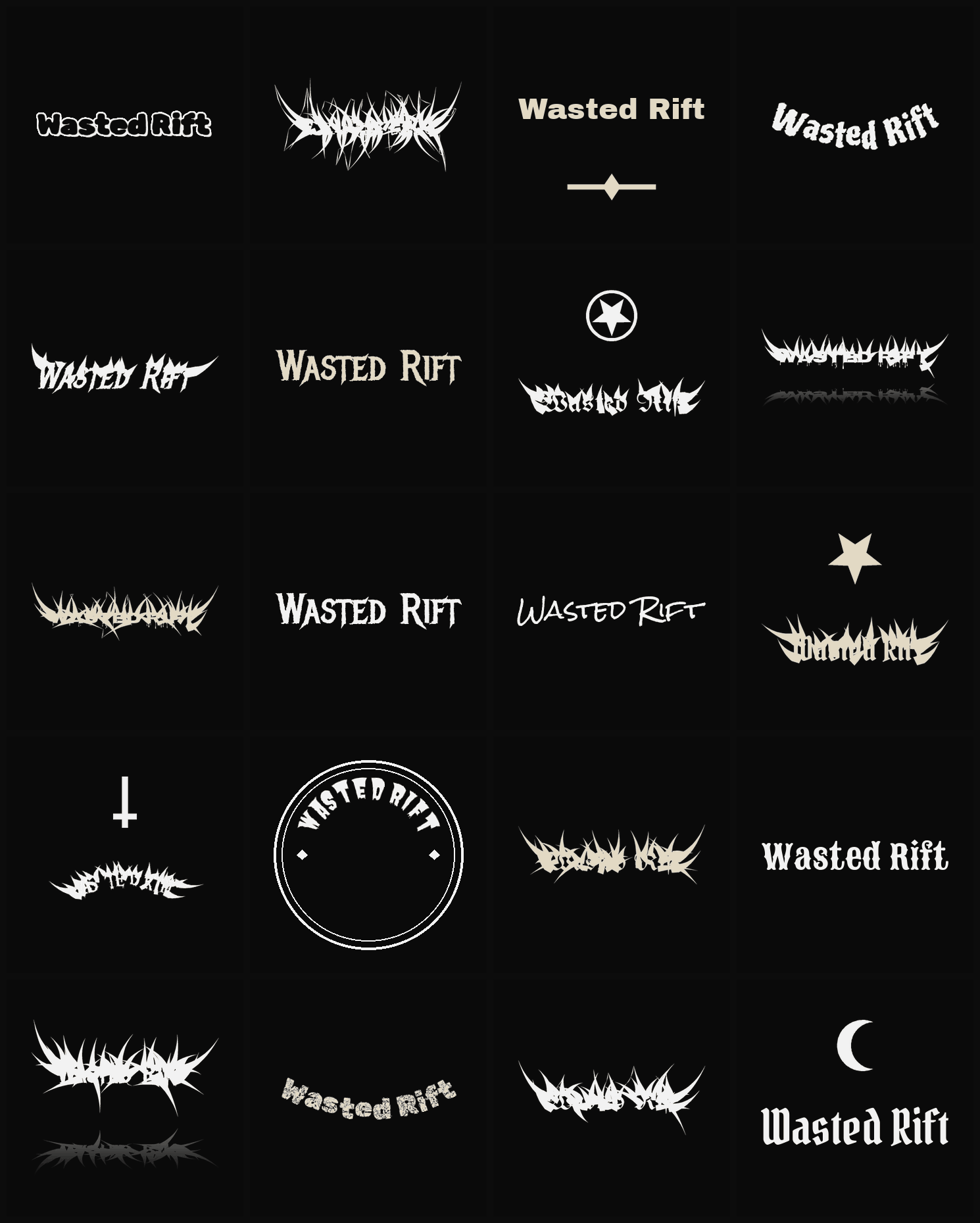 Twenty Wasted Rift band logo ideas — different faces, treatments and spike settings