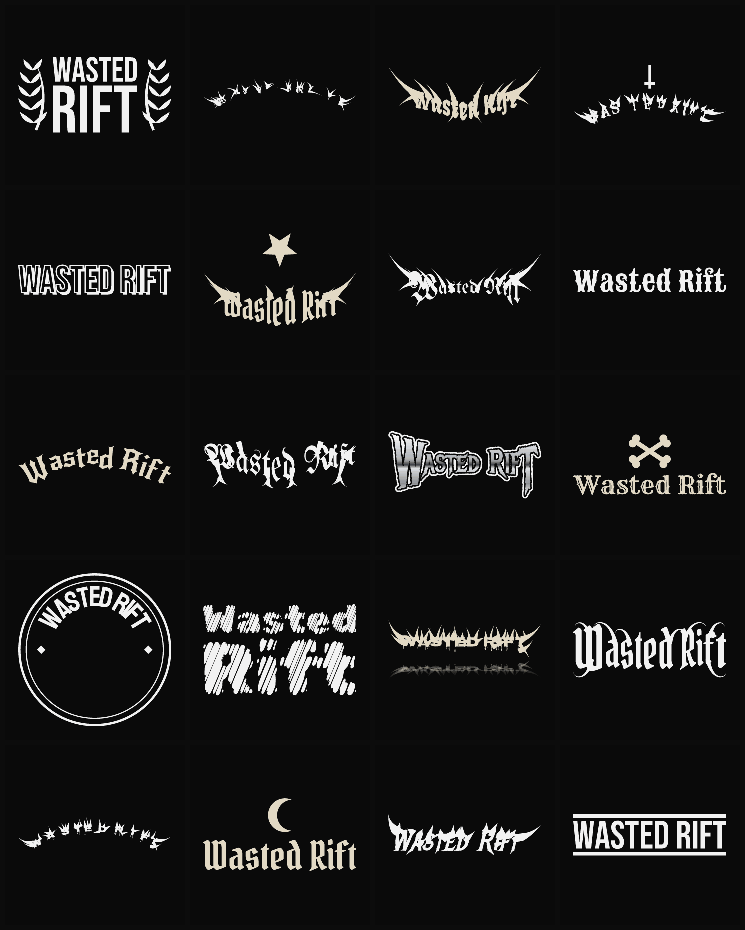 Twenty Wasted Rift band logo ideas — different faces, treatments and spike settings