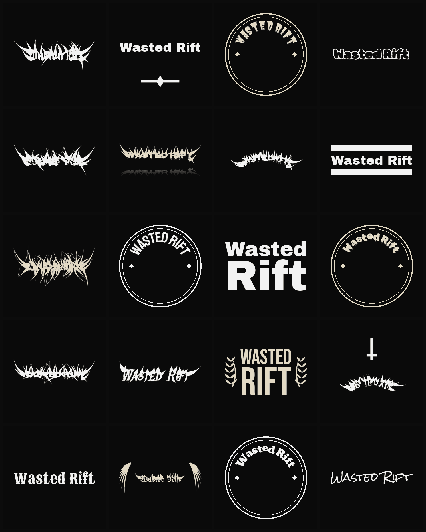 Twenty Wasted Rift band logo ideas — different faces, treatments and spike settings
