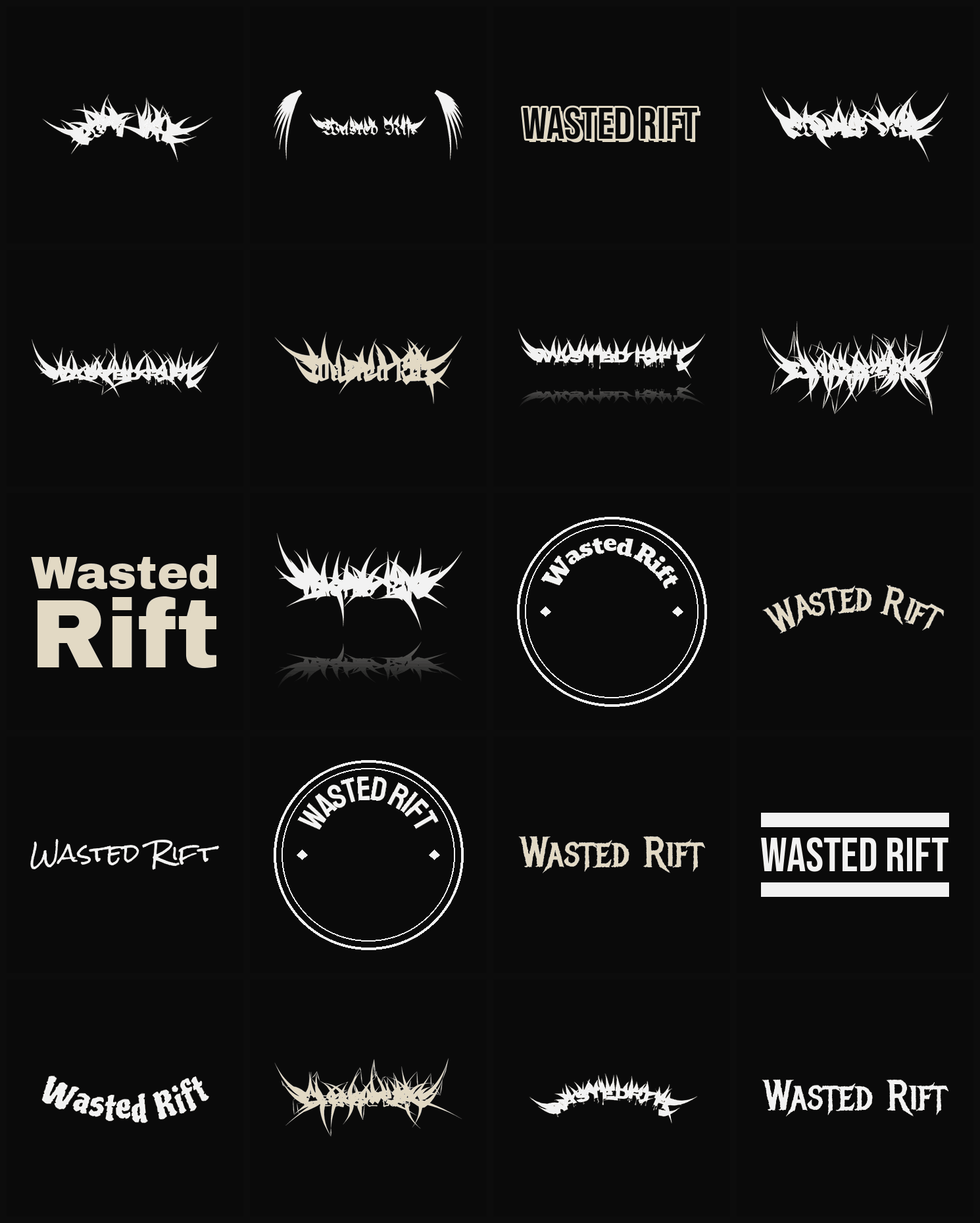 Twenty Wasted Rift band logo ideas — different faces, treatments and spike settings