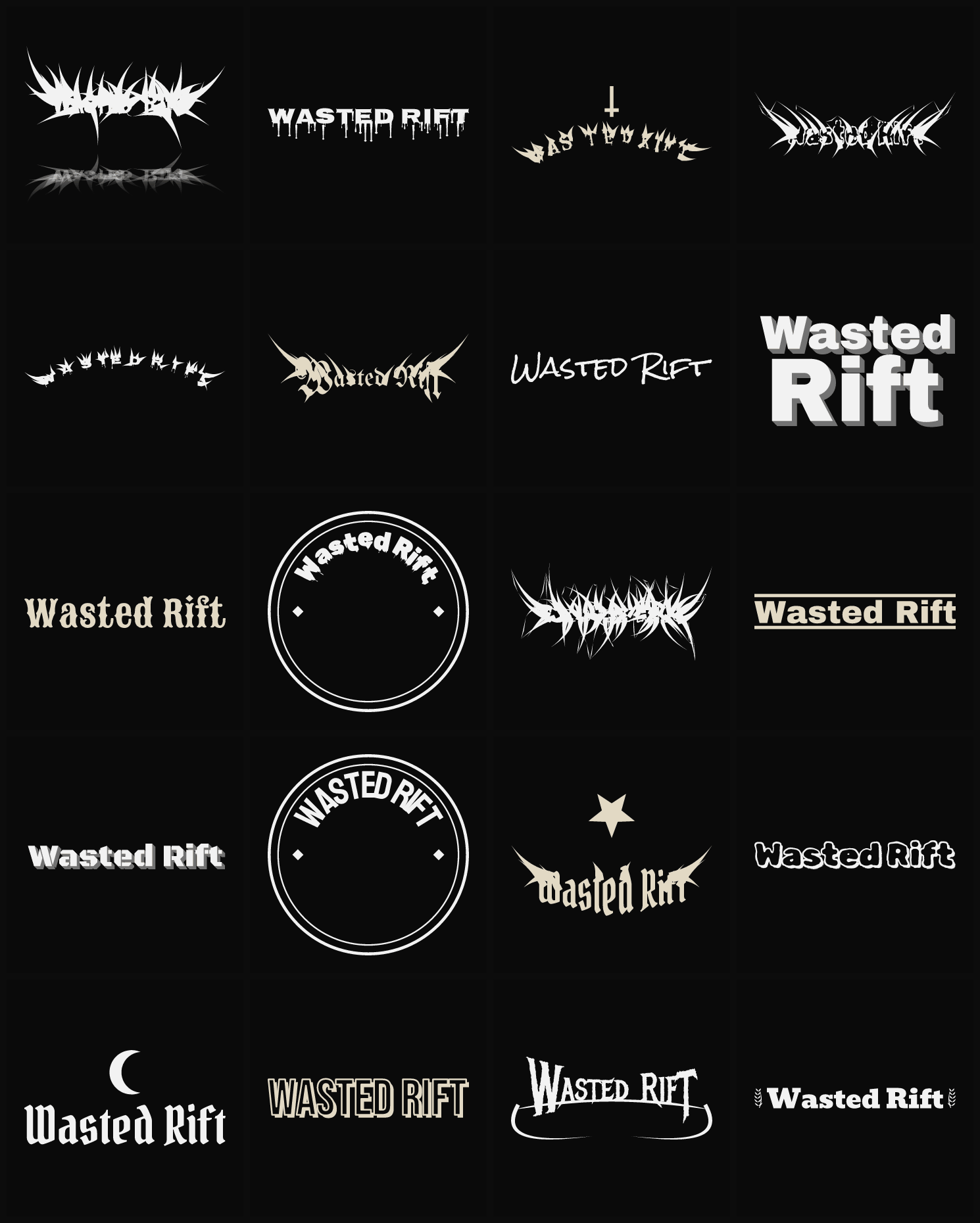 Twenty Wasted Rift band logo ideas — different faces, treatments and spike settings
