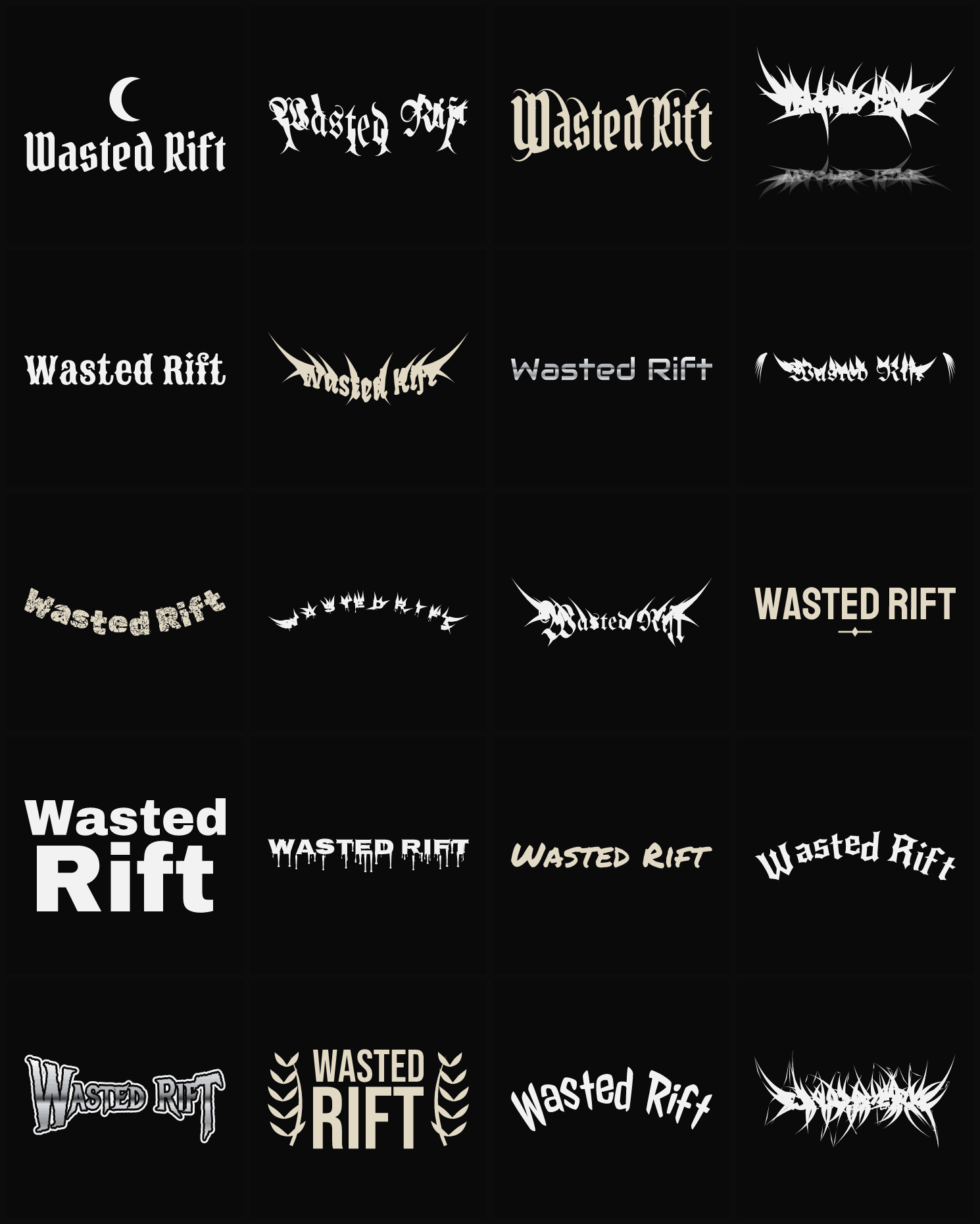 Twenty Wasted Rift band logo ideas — different faces, treatments and spike settings