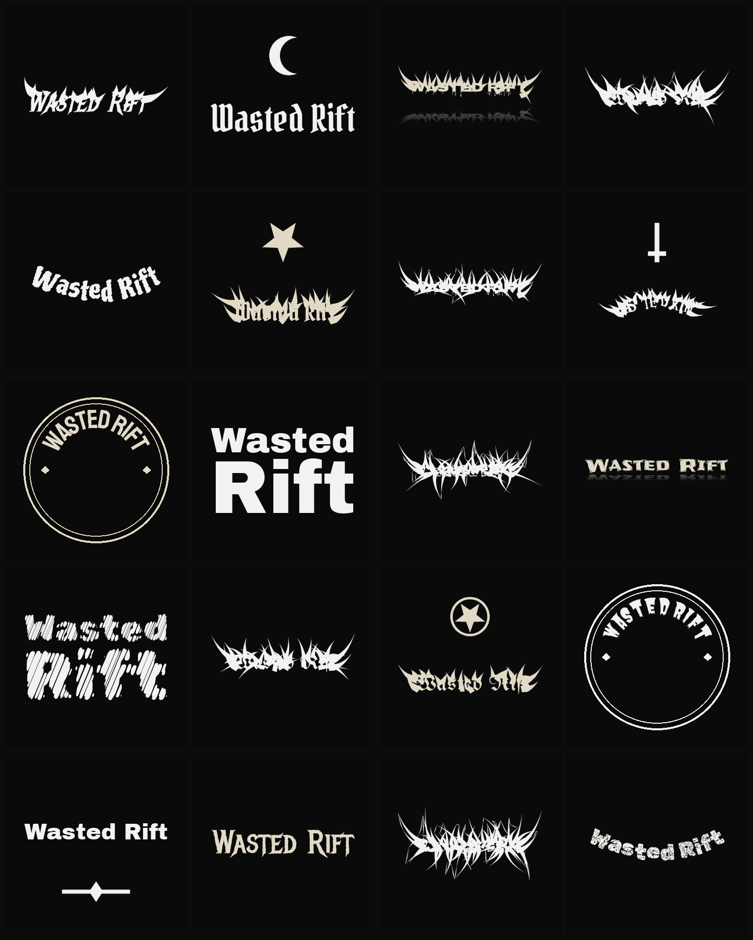 Twenty Wasted Rift band logo ideas — different faces, treatments and spike settings