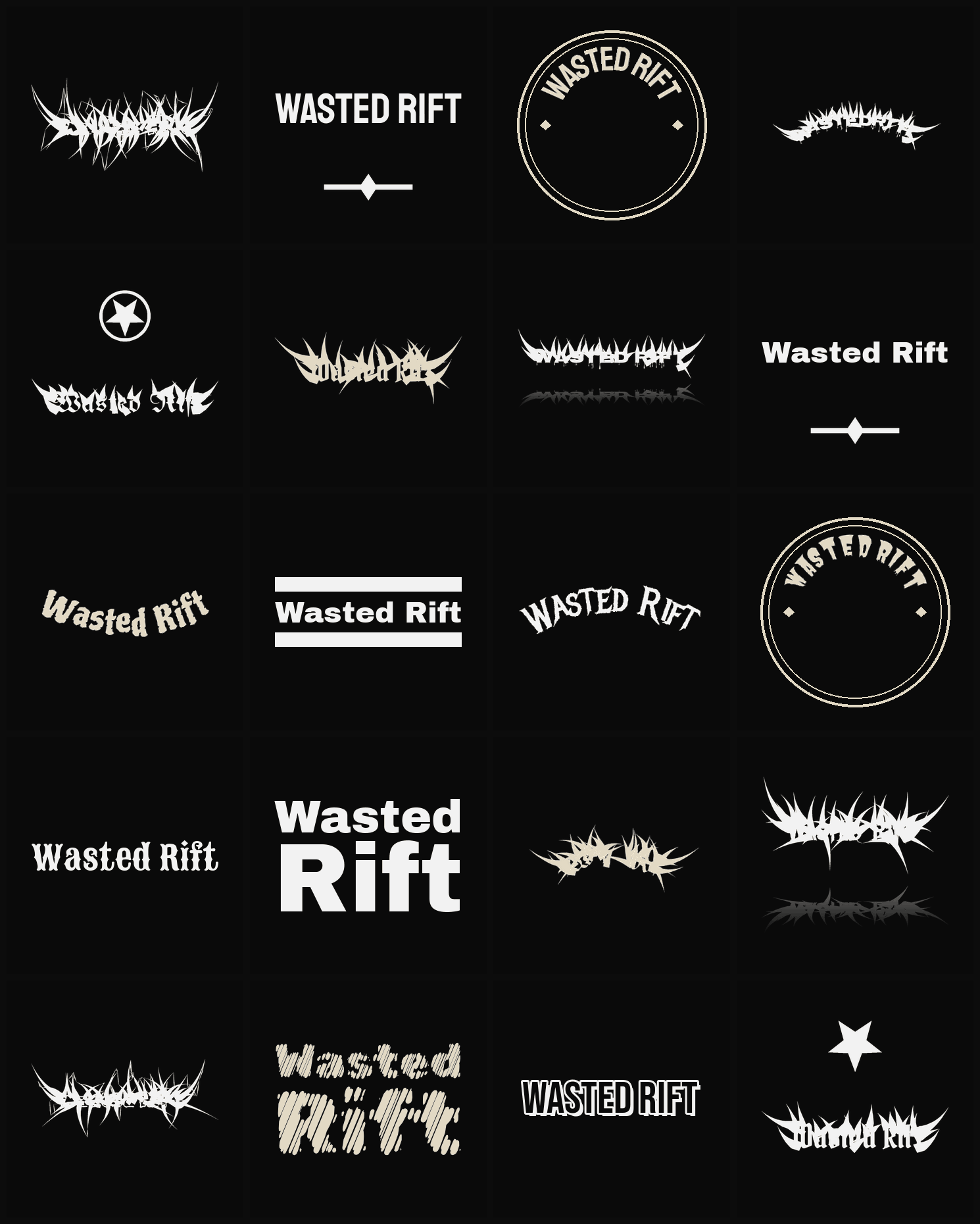 Twenty Wasted Rift band logo ideas — different faces, treatments and spike settings