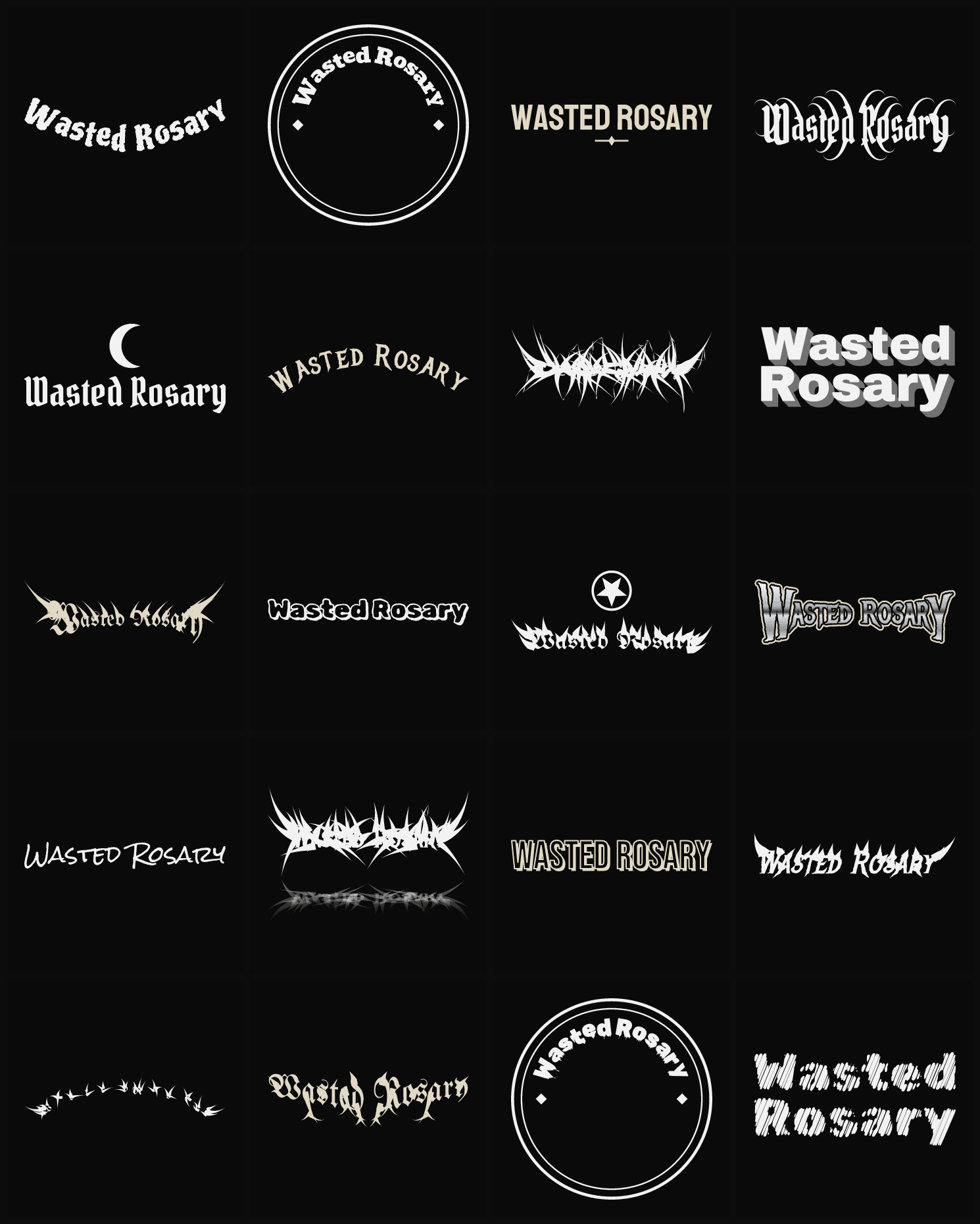 Twenty Wasted Rosary band logo ideas — different faces, treatments and spike settings