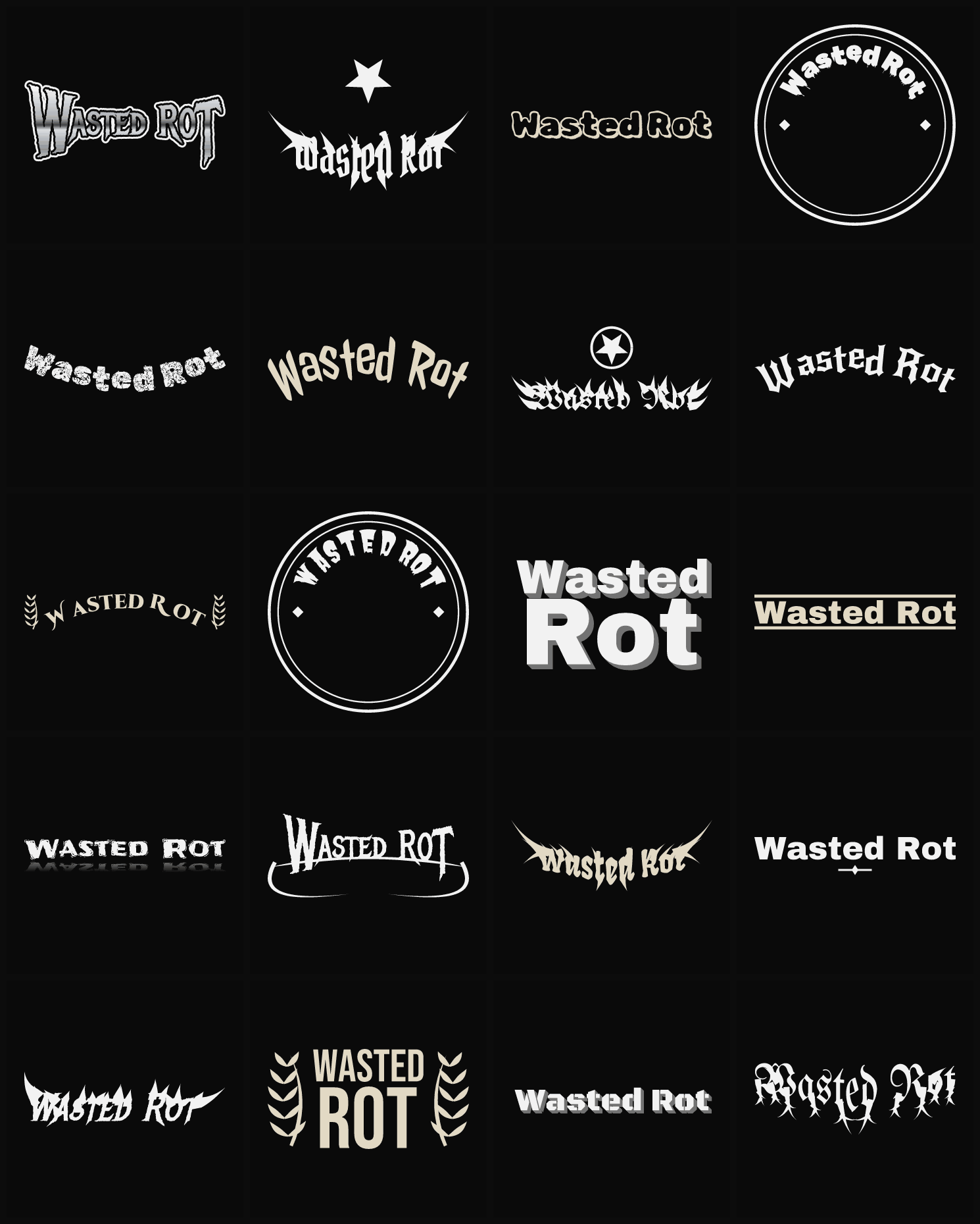 Twenty Wasted Rot band logo ideas — different faces, treatments and spike settings