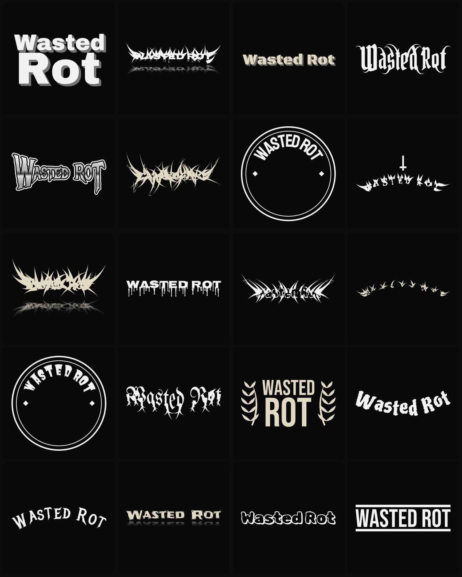 Twenty Wasted Rot band logo ideas — different faces, treatments and spike settings