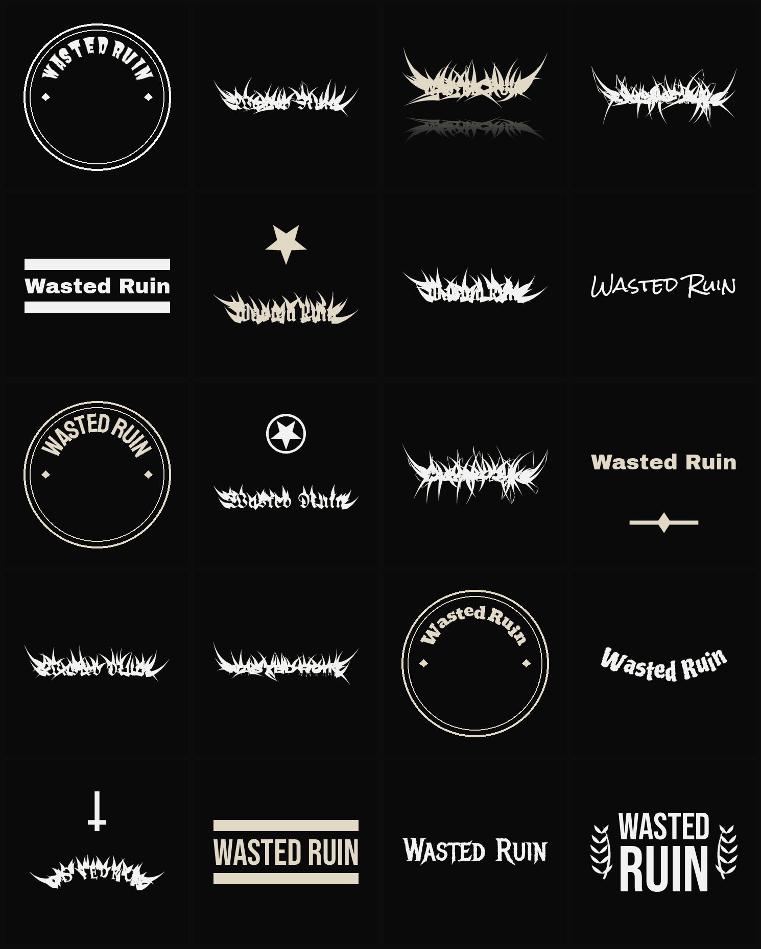Twenty Wasted Ruin band logo ideas — different faces, treatments and spike settings