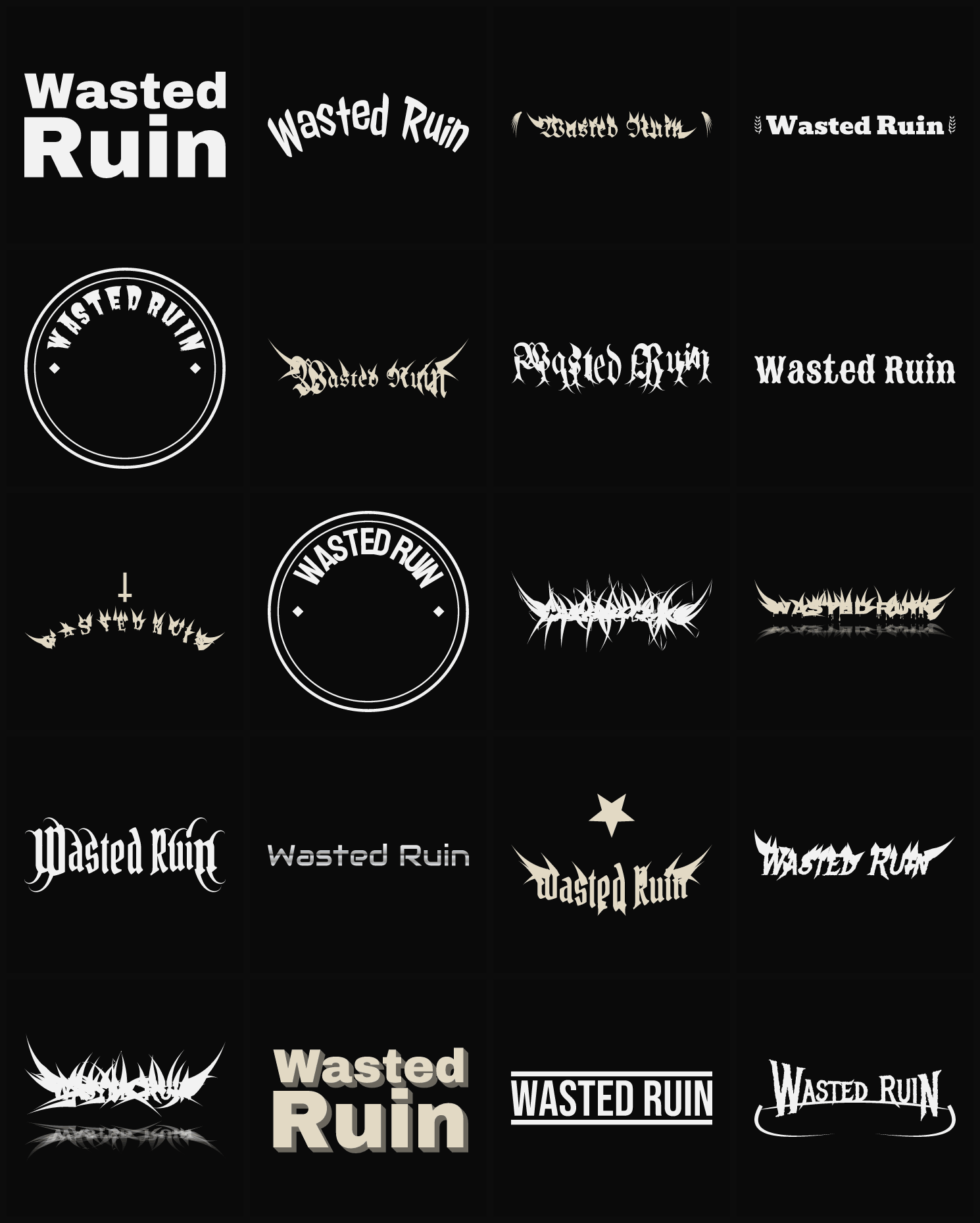 Twenty Wasted Ruin band logo ideas — different faces, treatments and spike settings