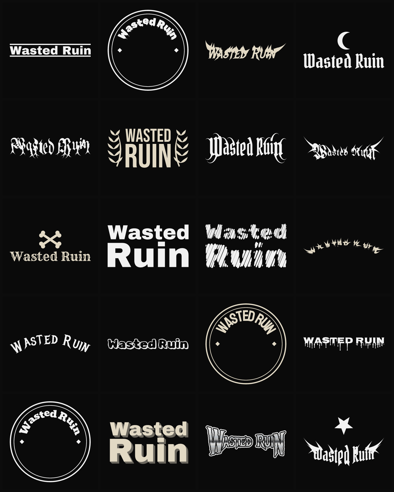 Twenty Wasted Ruin band logo ideas — different faces, treatments and spike settings