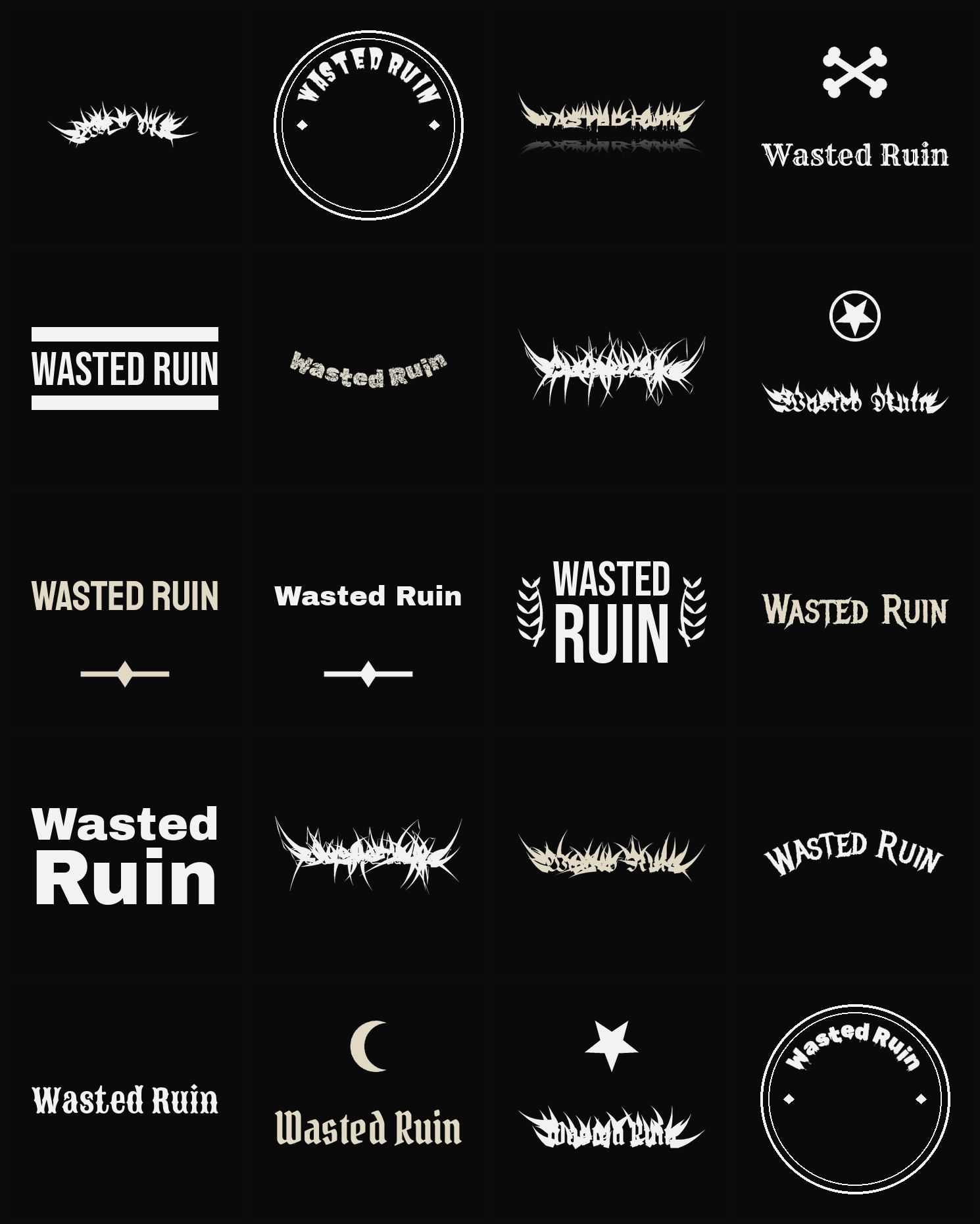 Twenty Wasted Ruin band logo ideas — different faces, treatments and spike settings