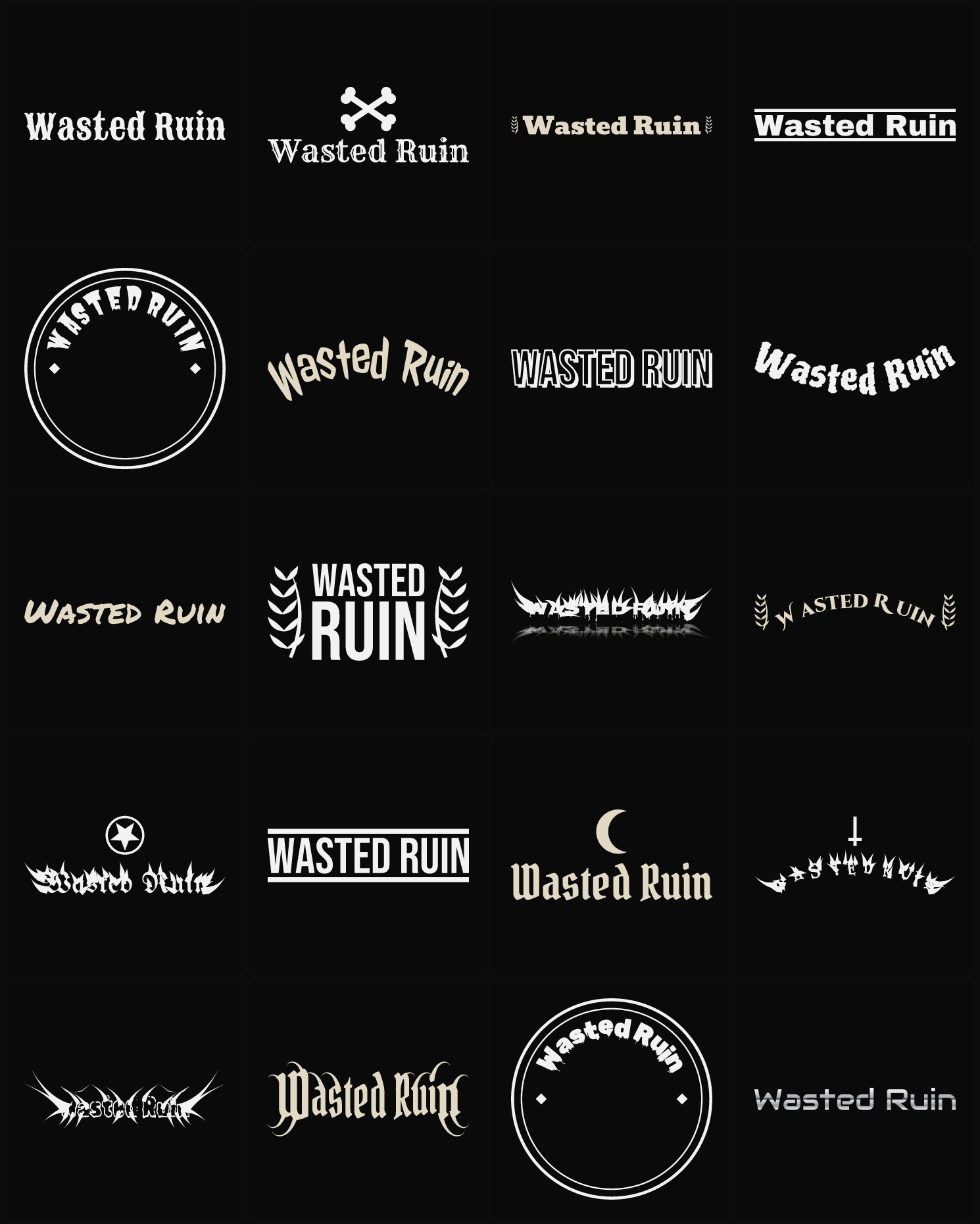 Twenty Wasted Ruin band logo ideas — different faces, treatments and spike settings