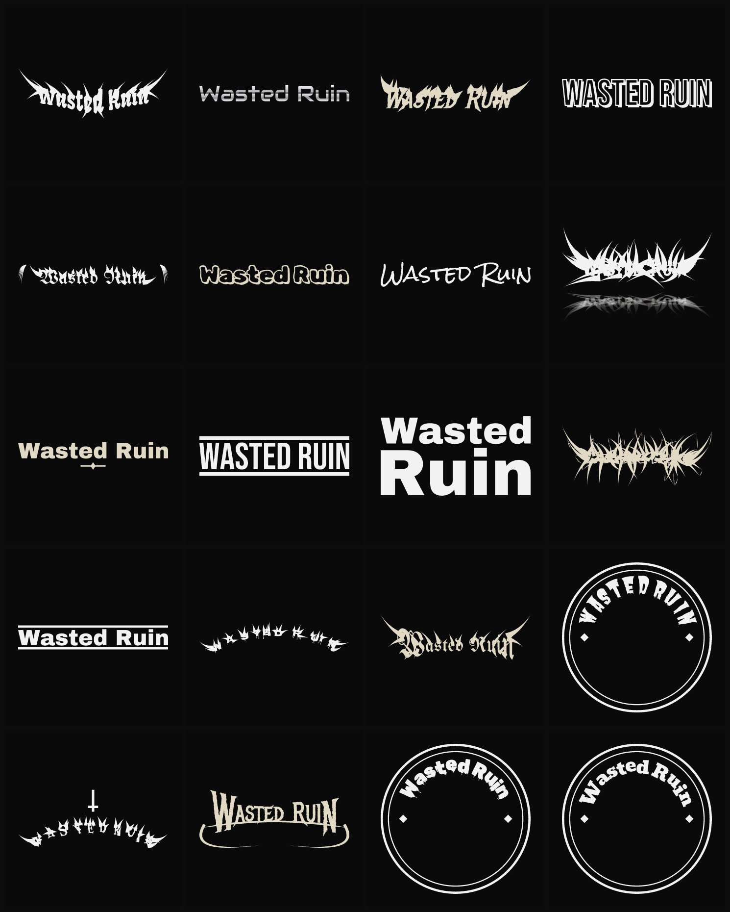 Twenty Wasted Ruin band logo ideas — different faces, treatments and spike settings