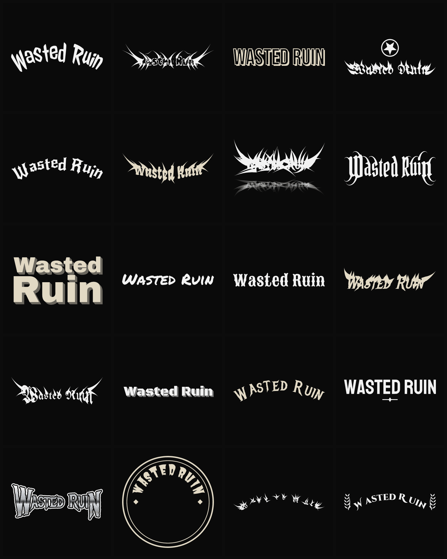 Twenty Wasted Ruin band logo ideas — different faces, treatments and spike settings
