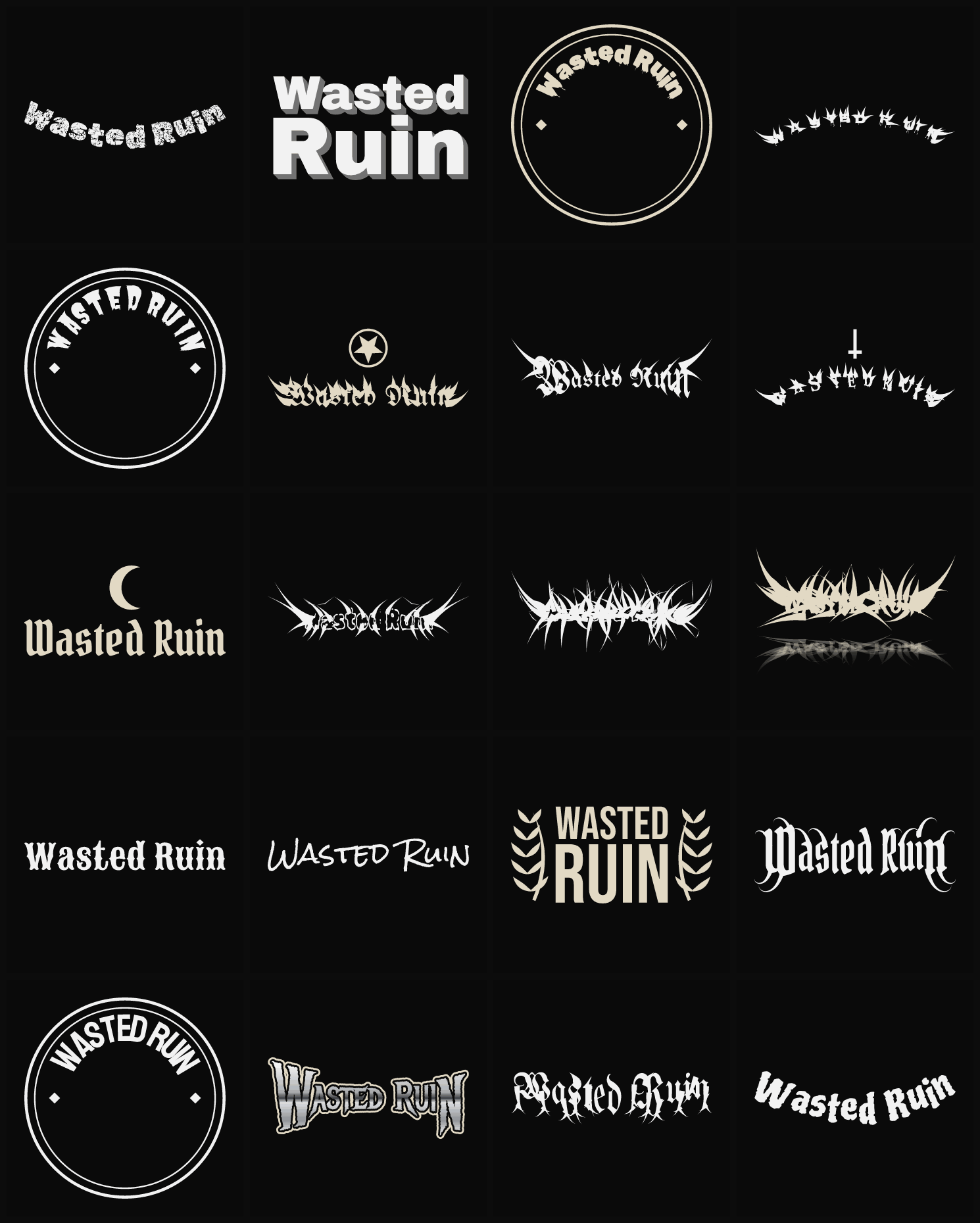 Twenty Wasted Ruin band logo ideas — different faces, treatments and spike settings