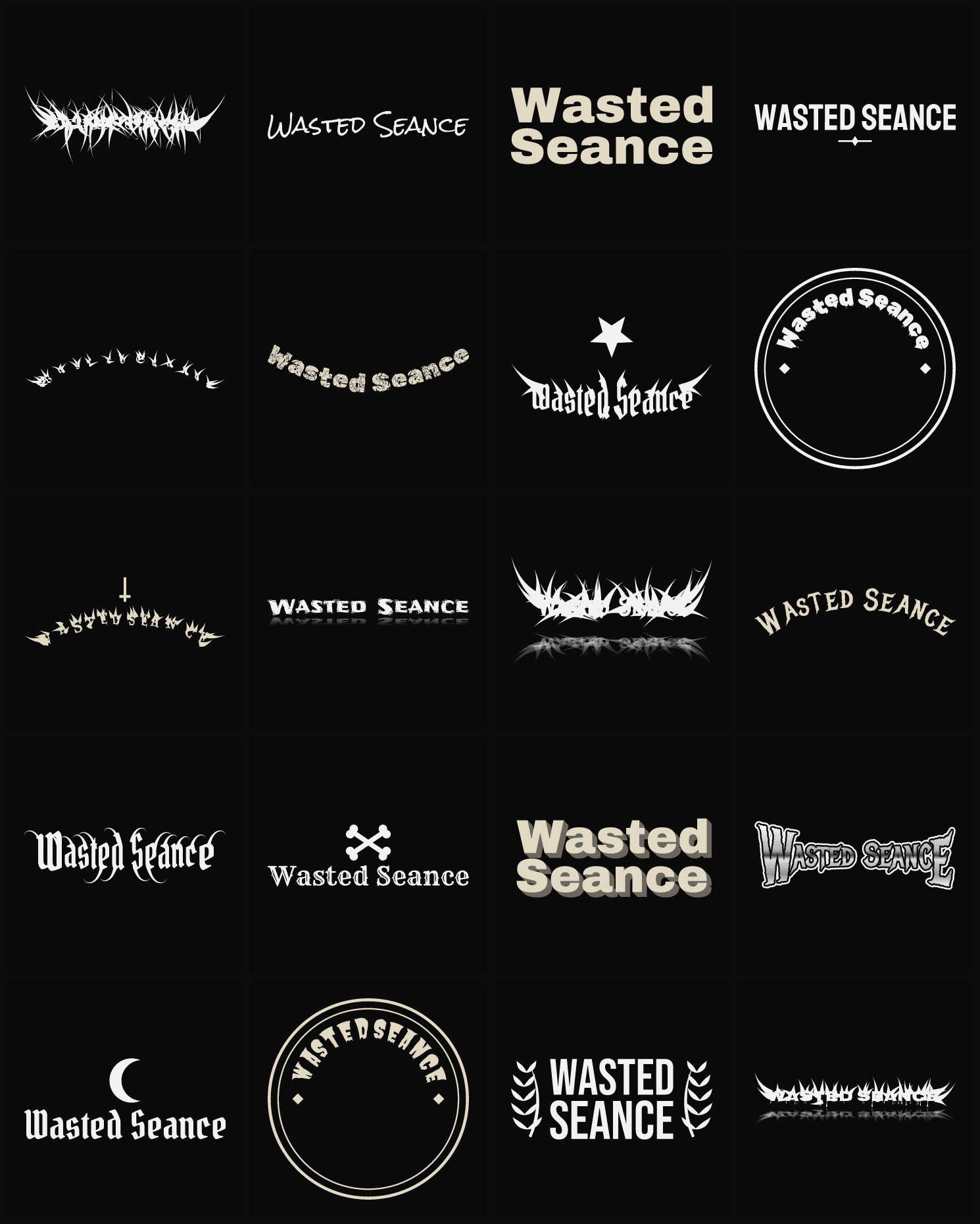 Twenty Wasted Seance band logo ideas — different faces, treatments and spike settings