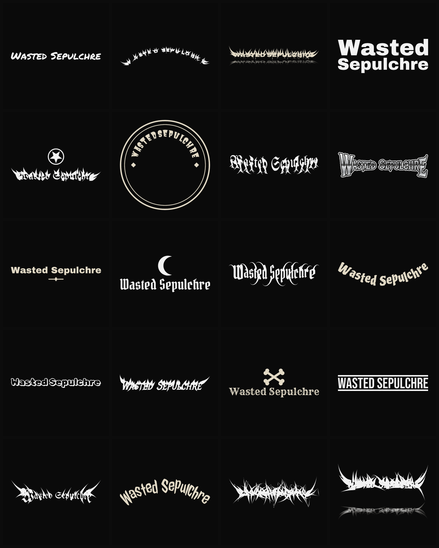 Twenty Wasted Sepulchre band logo ideas — different faces, treatments and spike settings