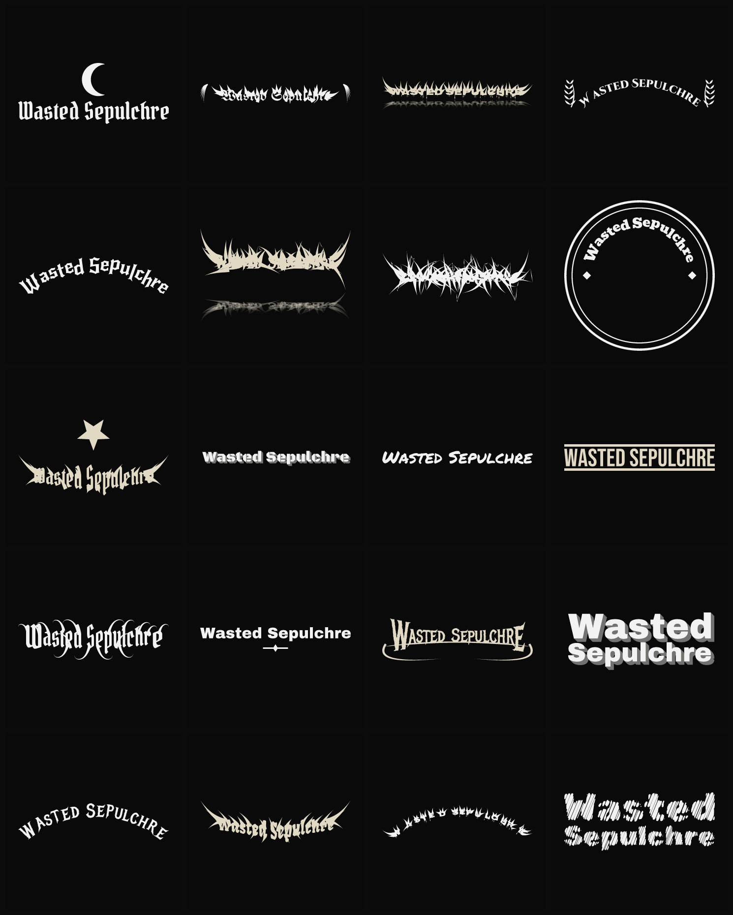 Twenty Wasted Sepulchre band logo ideas — different faces, treatments and spike settings