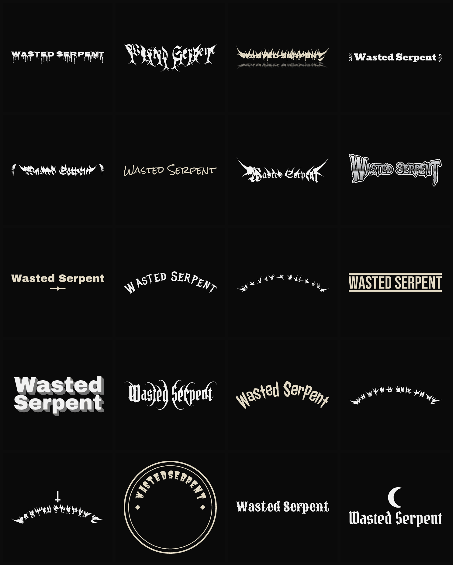 Twenty Wasted Serpent band logo ideas — different faces, treatments and spike settings