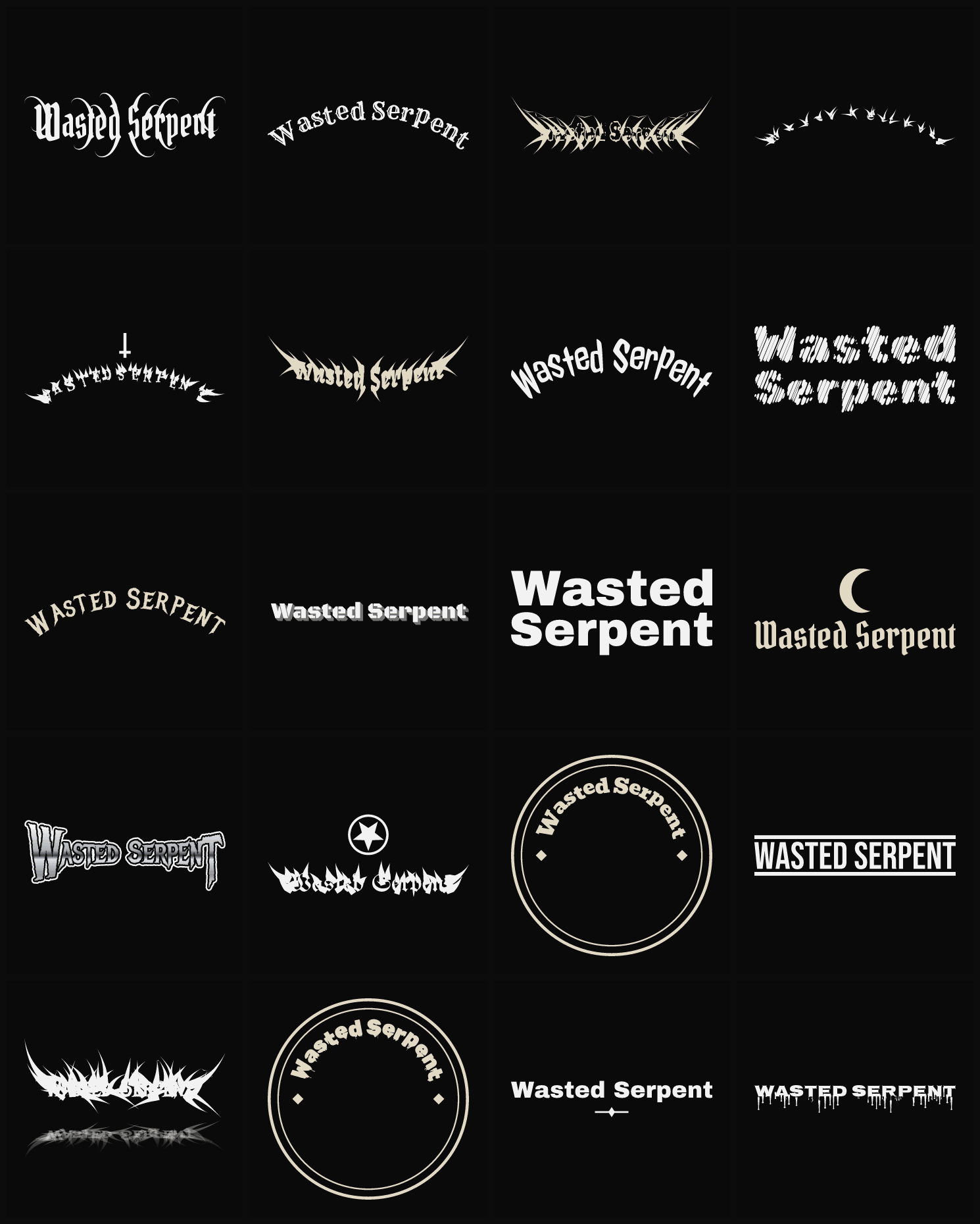Twenty Wasted Serpent band logo ideas — different faces, treatments and spike settings