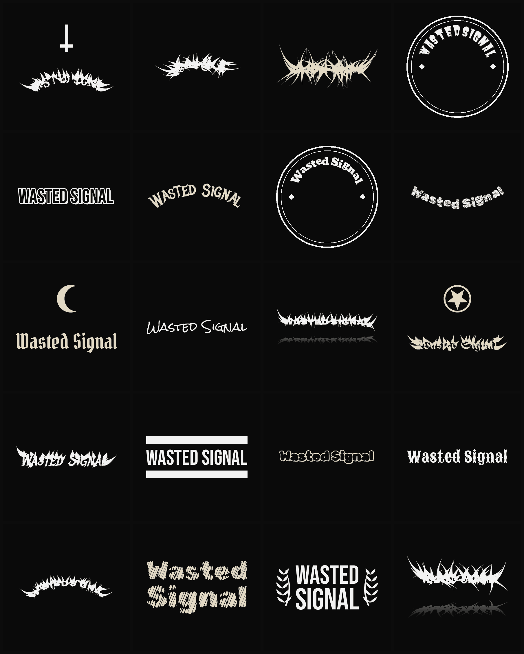 Twenty Wasted Signal band logo ideas — different faces, treatments and spike settings