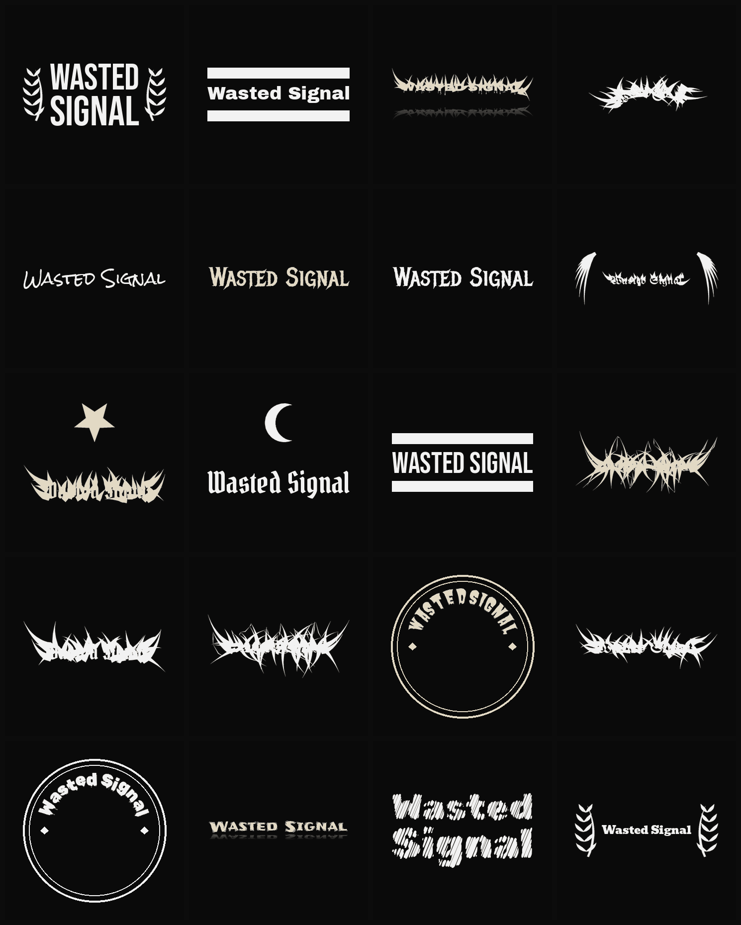 Twenty Wasted Signal band logo ideas — different faces, treatments and spike settings