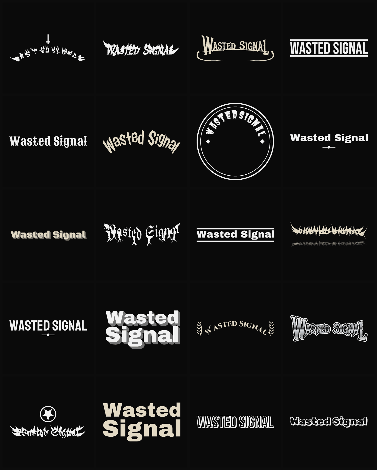 Twenty Wasted Signal band logo ideas — different faces, treatments and spike settings
