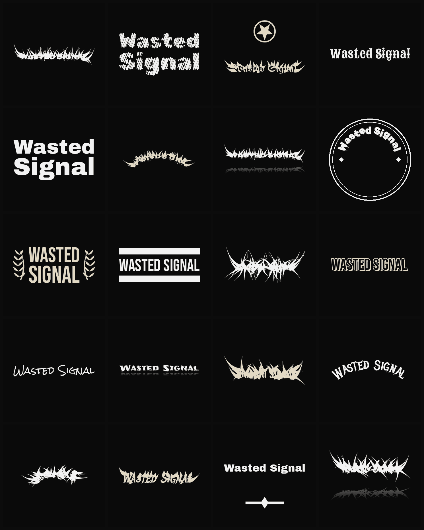 Twenty Wasted Signal band logo ideas — different faces, treatments and spike settings