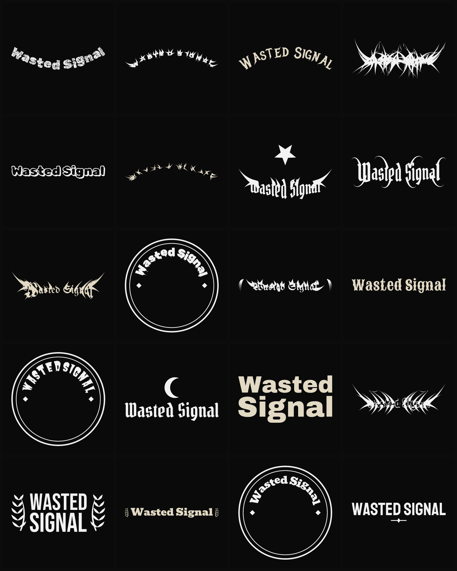 Twenty Wasted Signal band logo ideas — different faces, treatments and spike settings