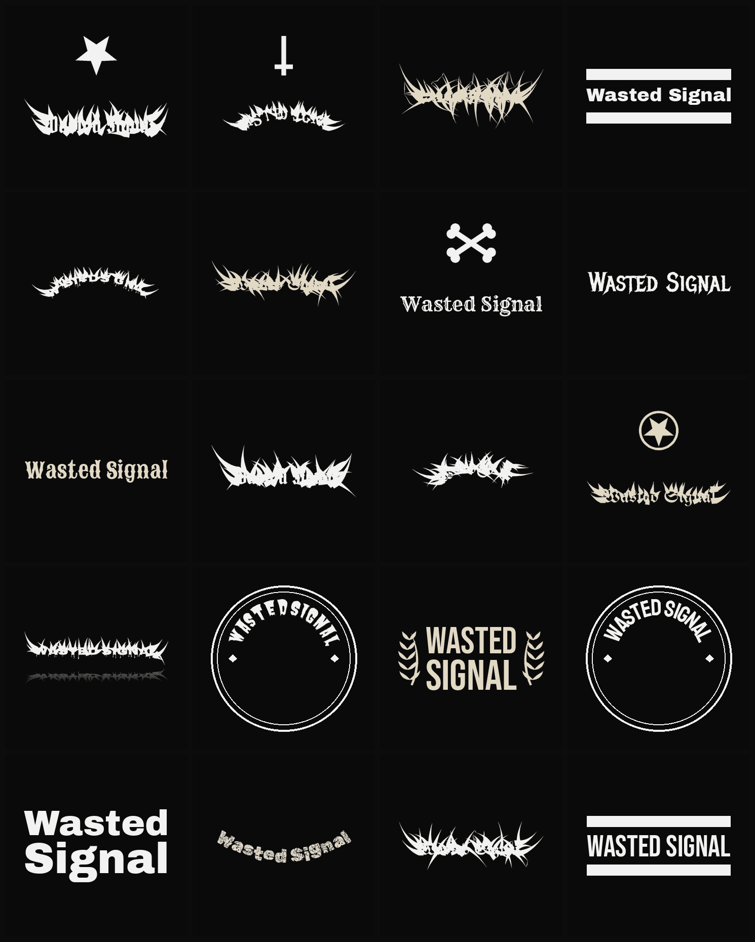 Twenty Wasted Signal band logo ideas — different faces, treatments and spike settings