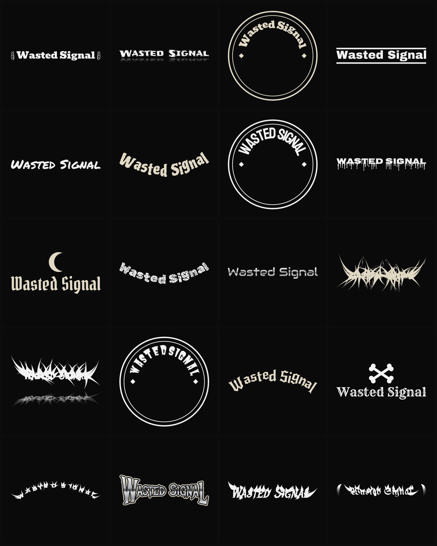 Twenty Wasted Signal band logo ideas — different faces, treatments and spike settings