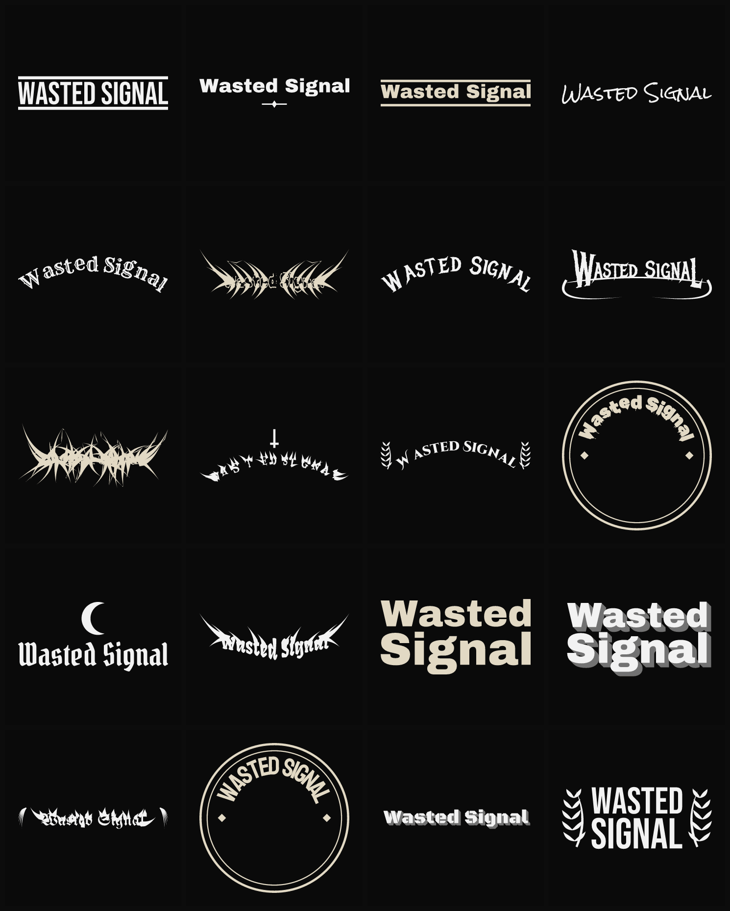 Twenty Wasted Signal band logo ideas — different faces, treatments and spike settings