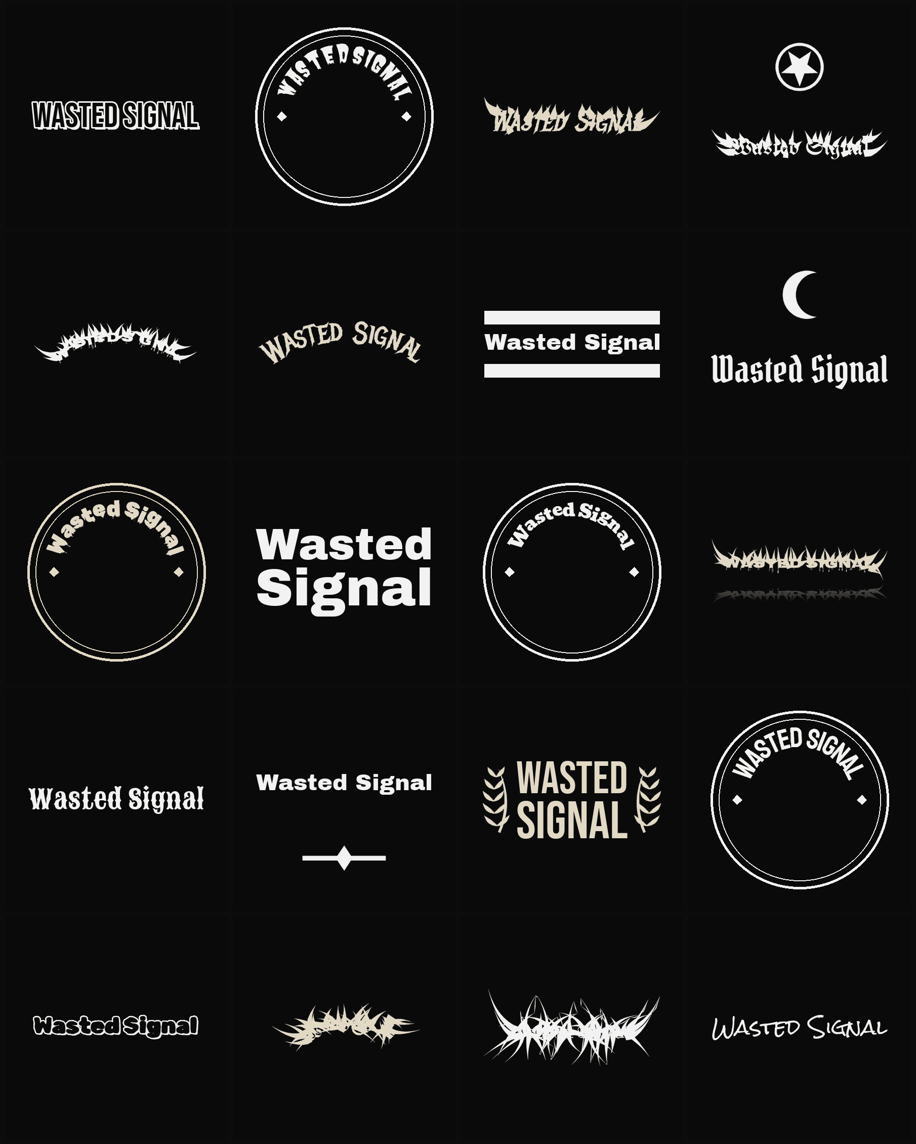Twenty Wasted Signal band logo ideas — different faces, treatments and spike settings