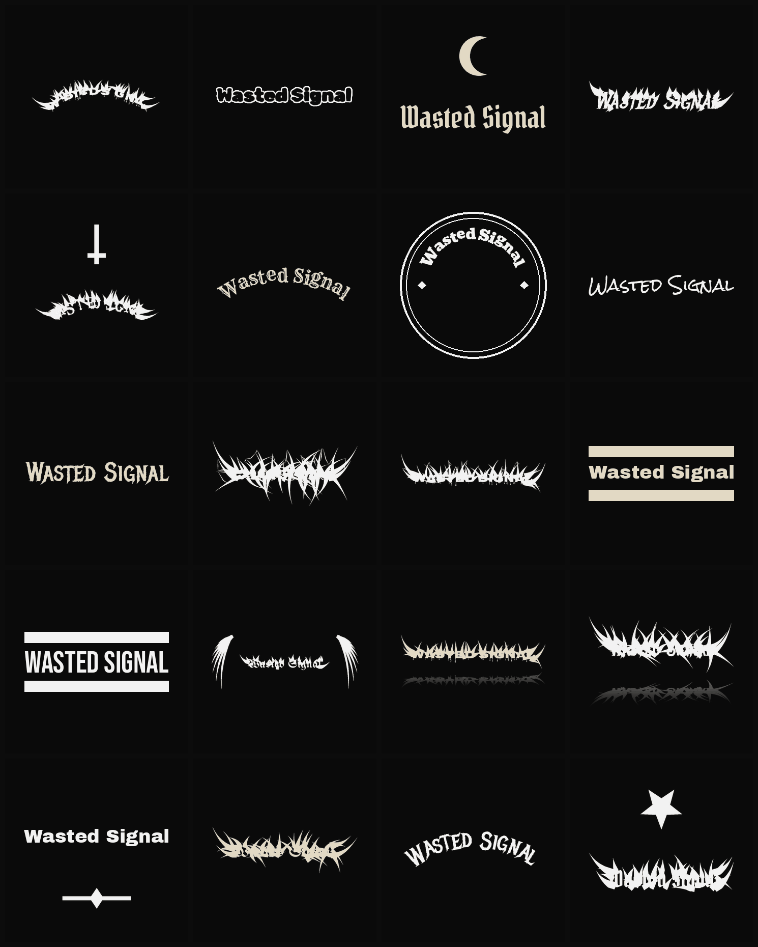 Twenty Wasted Signal band logo ideas — different faces, treatments and spike settings