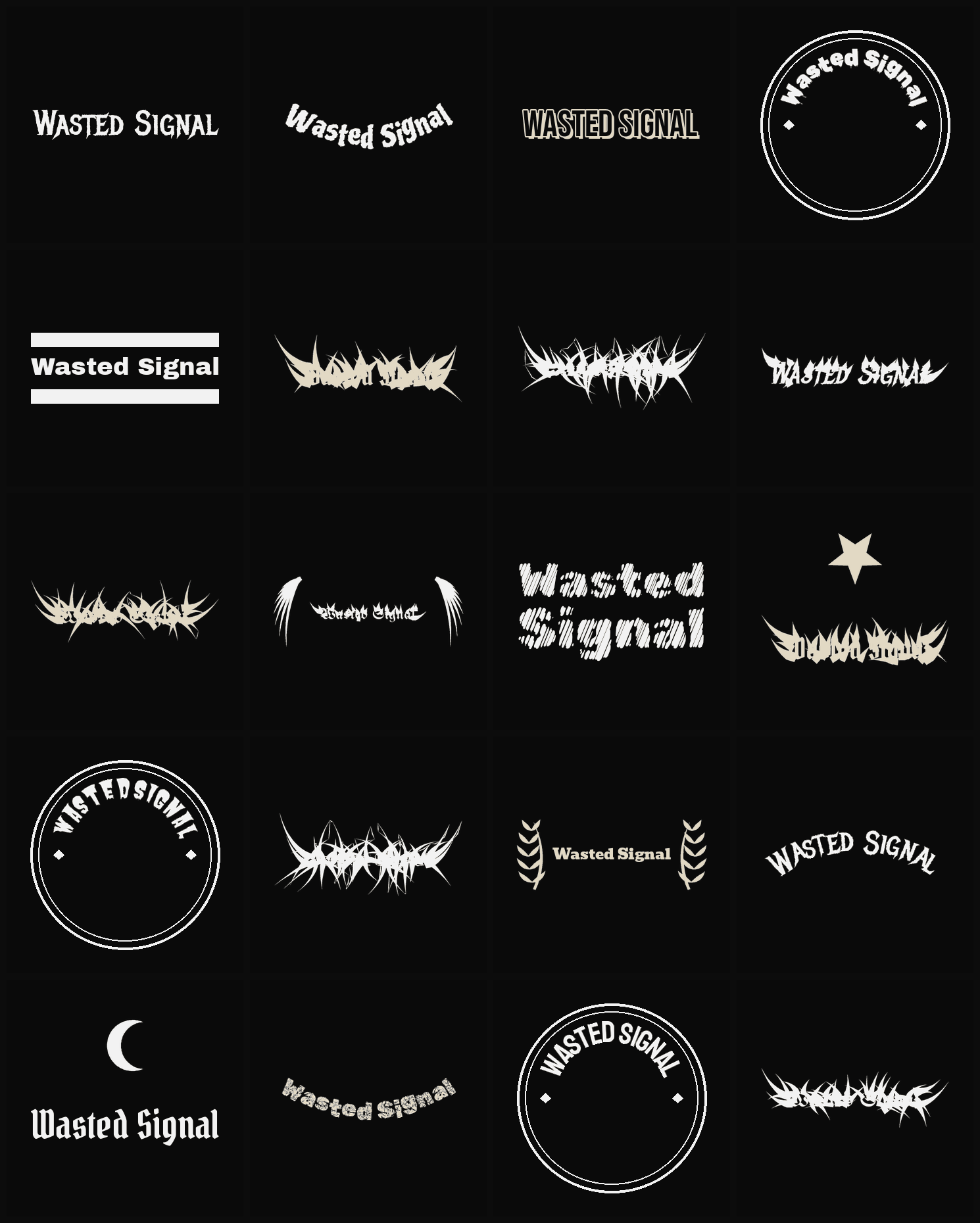 Twenty Wasted Signal band logo ideas — different faces, treatments and spike settings