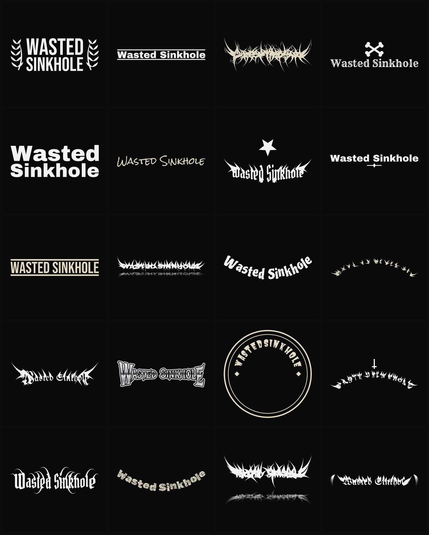 Twenty Wasted Sinkhole band logo ideas — different faces, treatments and spike settings