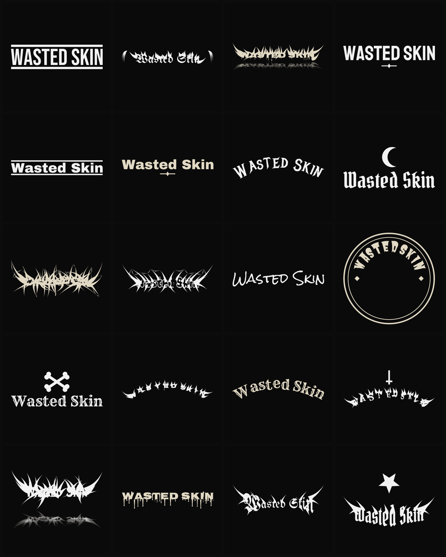 Twenty Wasted Skin band logo ideas — different faces, treatments and spike settings