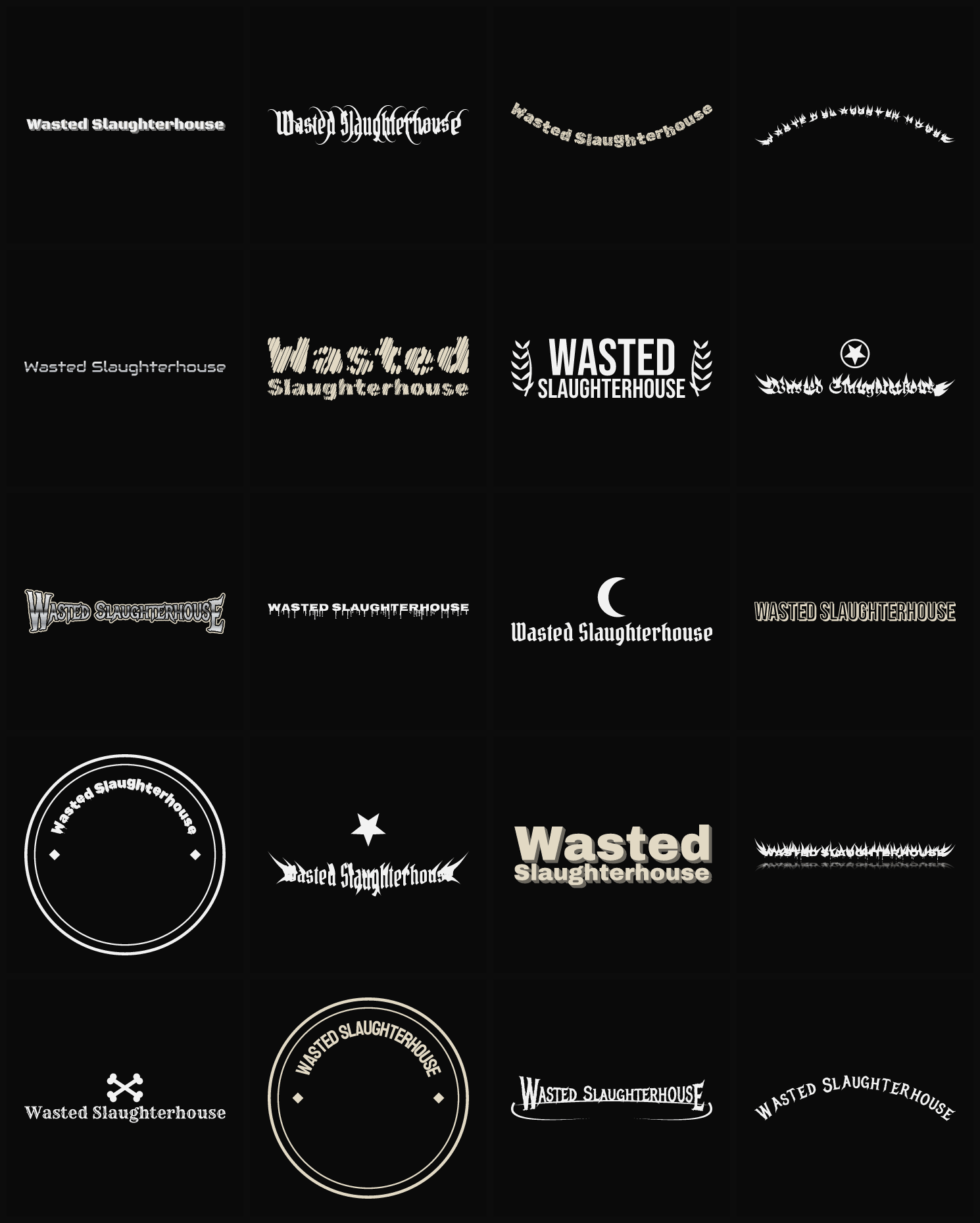 Twenty Wasted Slaughterhouse band logo ideas — different faces, treatments and spike settings