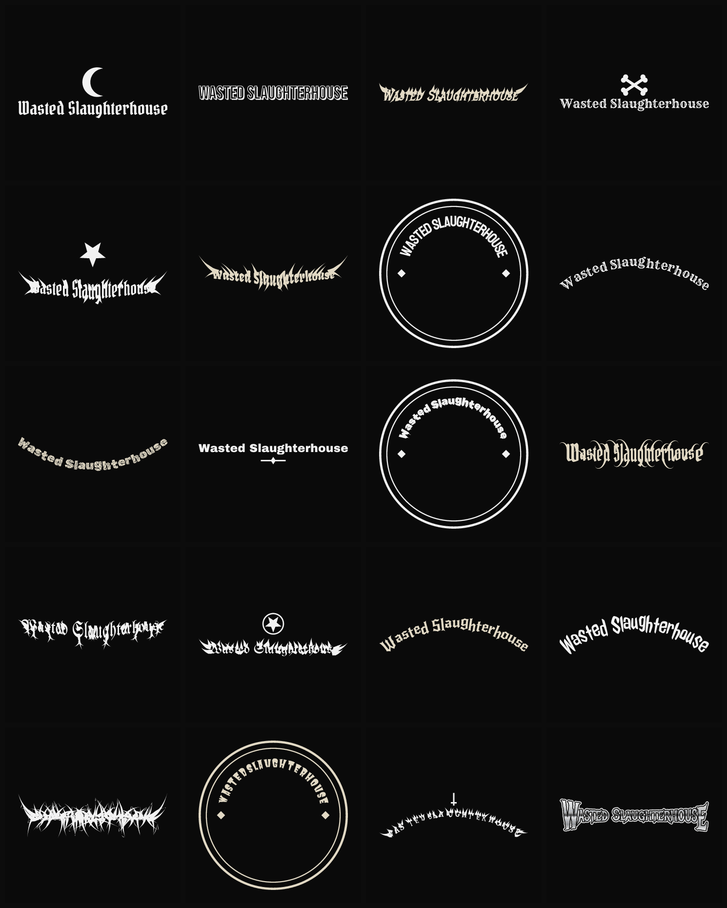 Twenty Wasted Slaughterhouse band logo ideas — different faces, treatments and spike settings