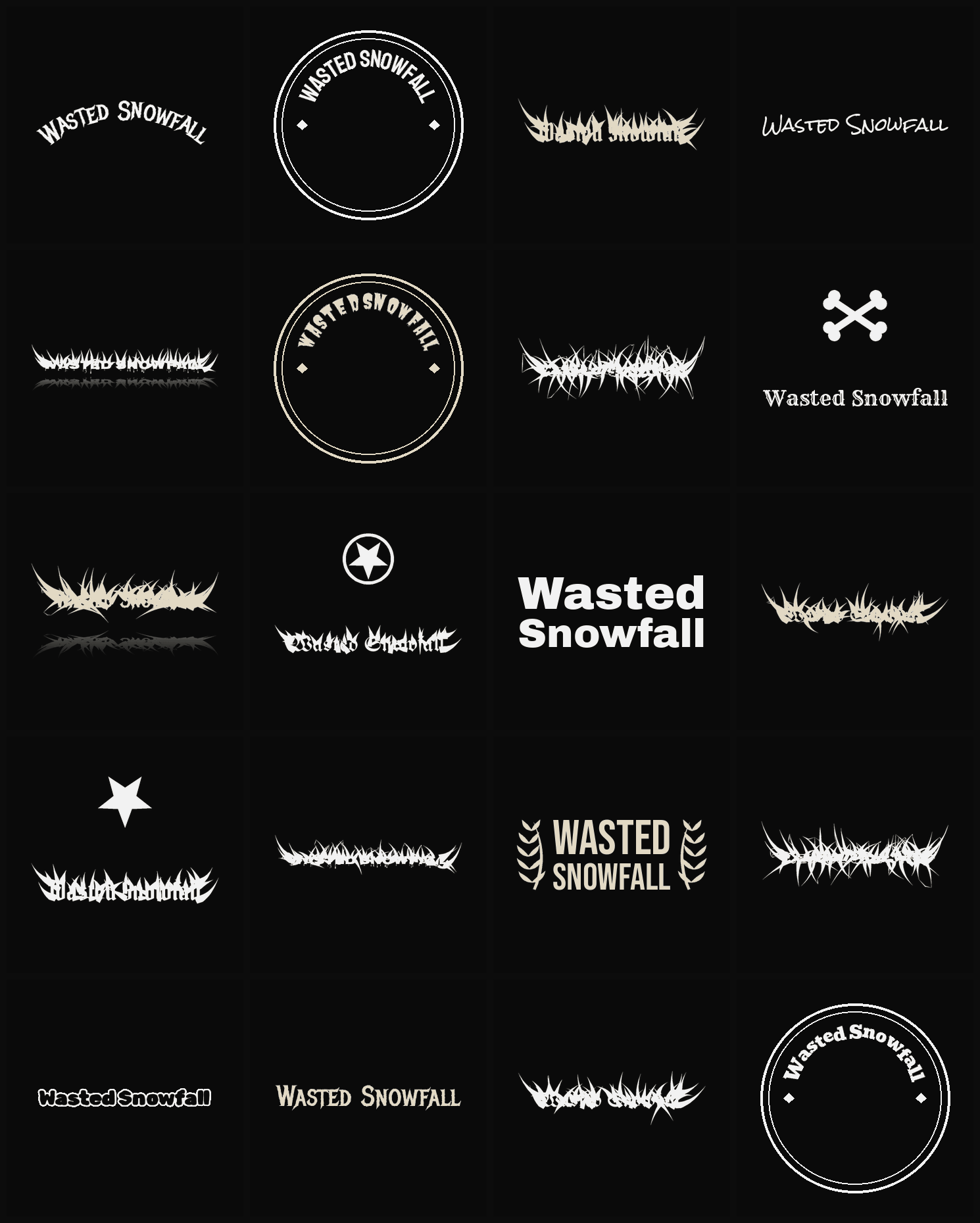 Twenty Wasted Snowfall band logo ideas — different faces, treatments and spike settings