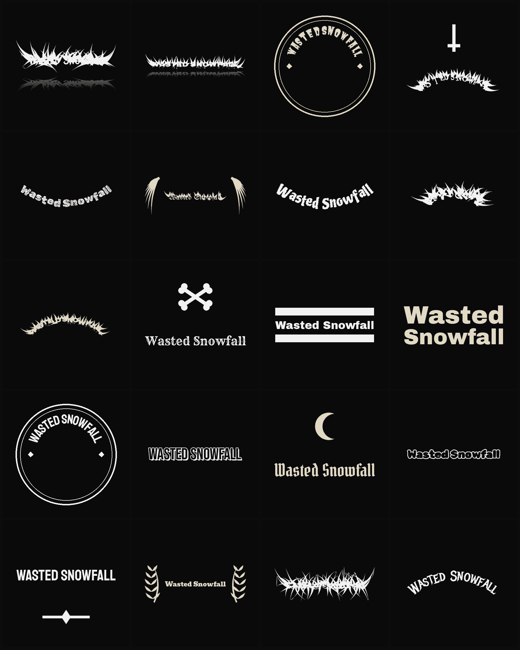 Twenty Wasted Snowfall band logo ideas — different faces, treatments and spike settings