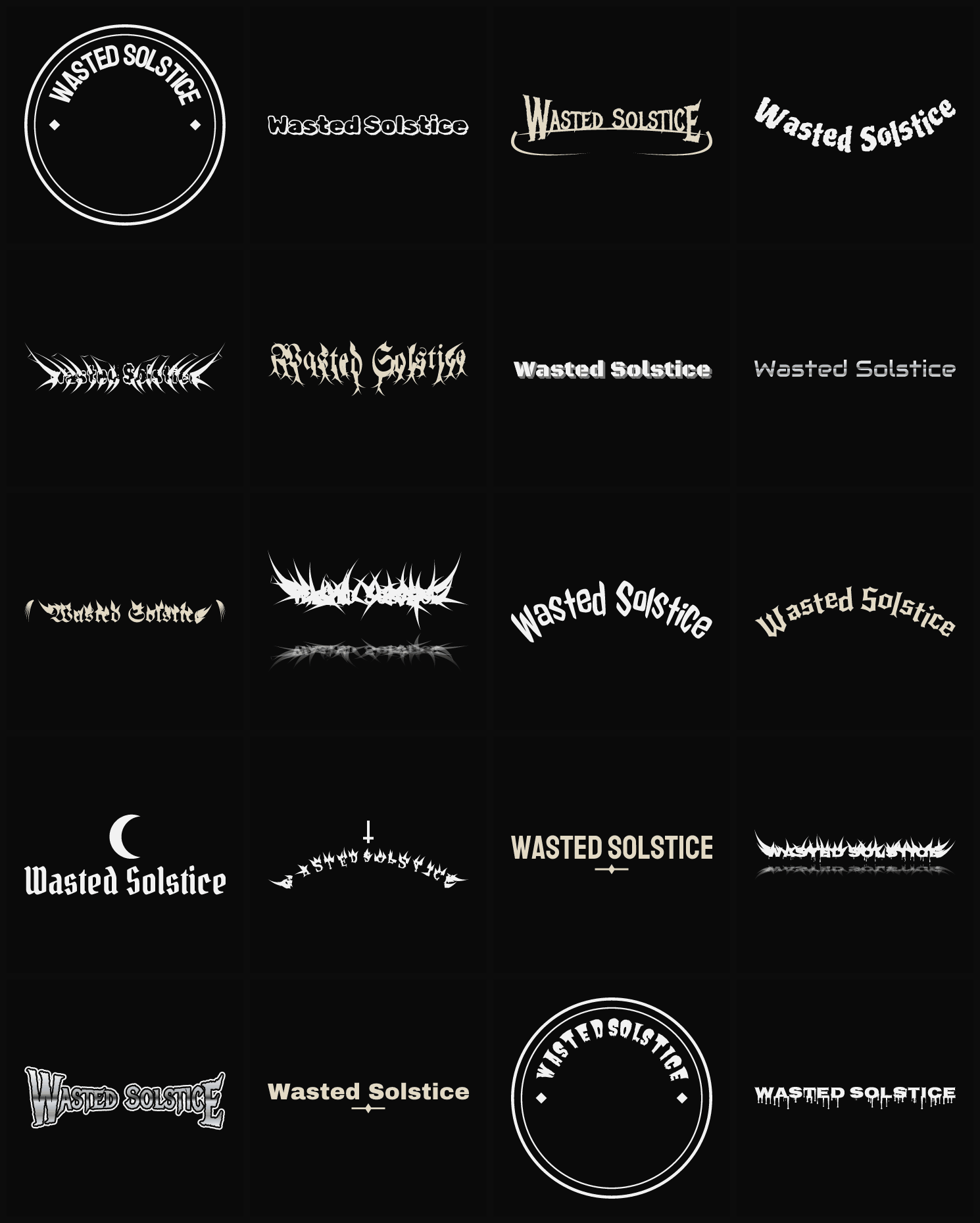 Twenty Wasted Solstice band logo ideas — different faces, treatments and spike settings