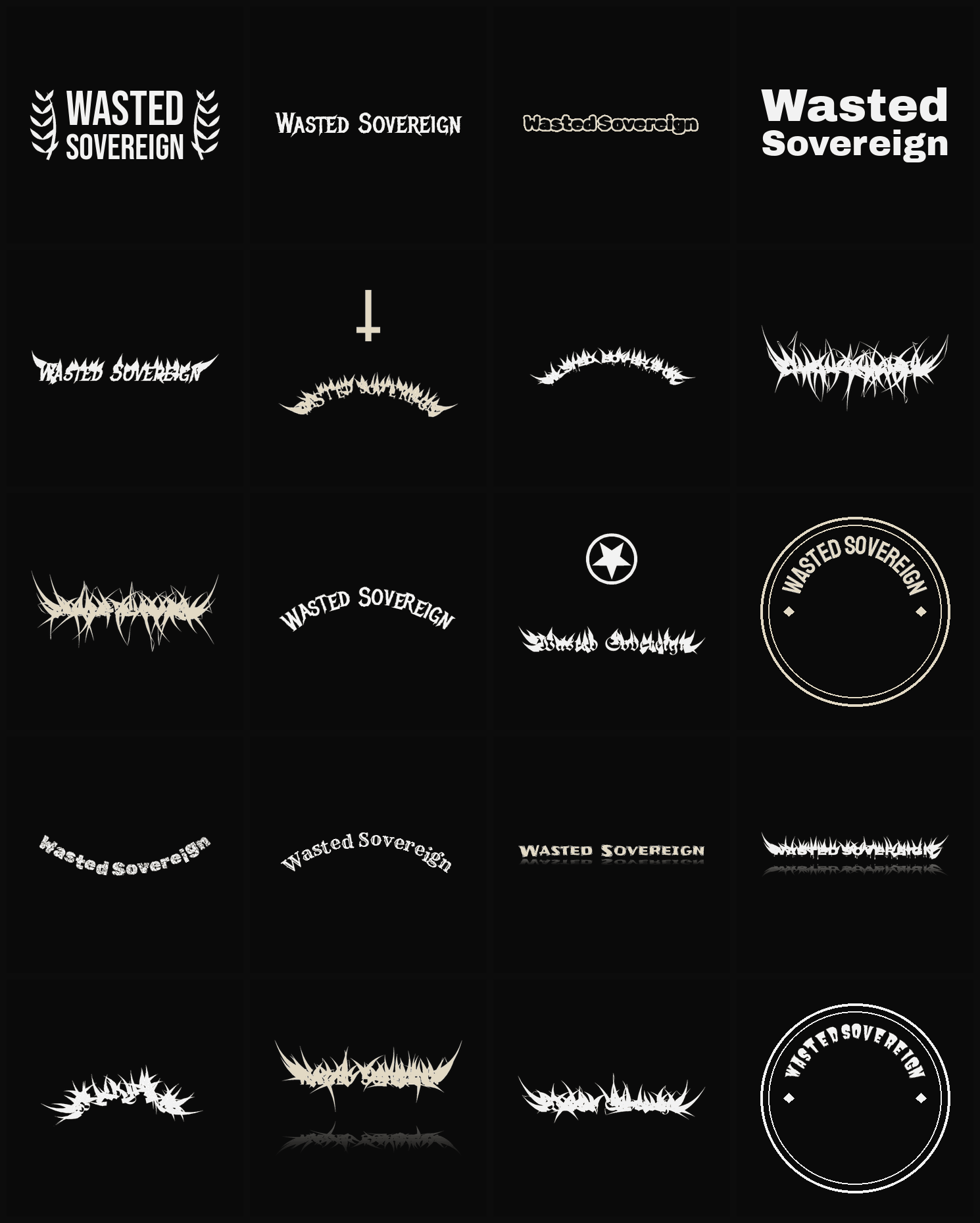 Twenty Wasted Sovereign band logo ideas — different faces, treatments and spike settings