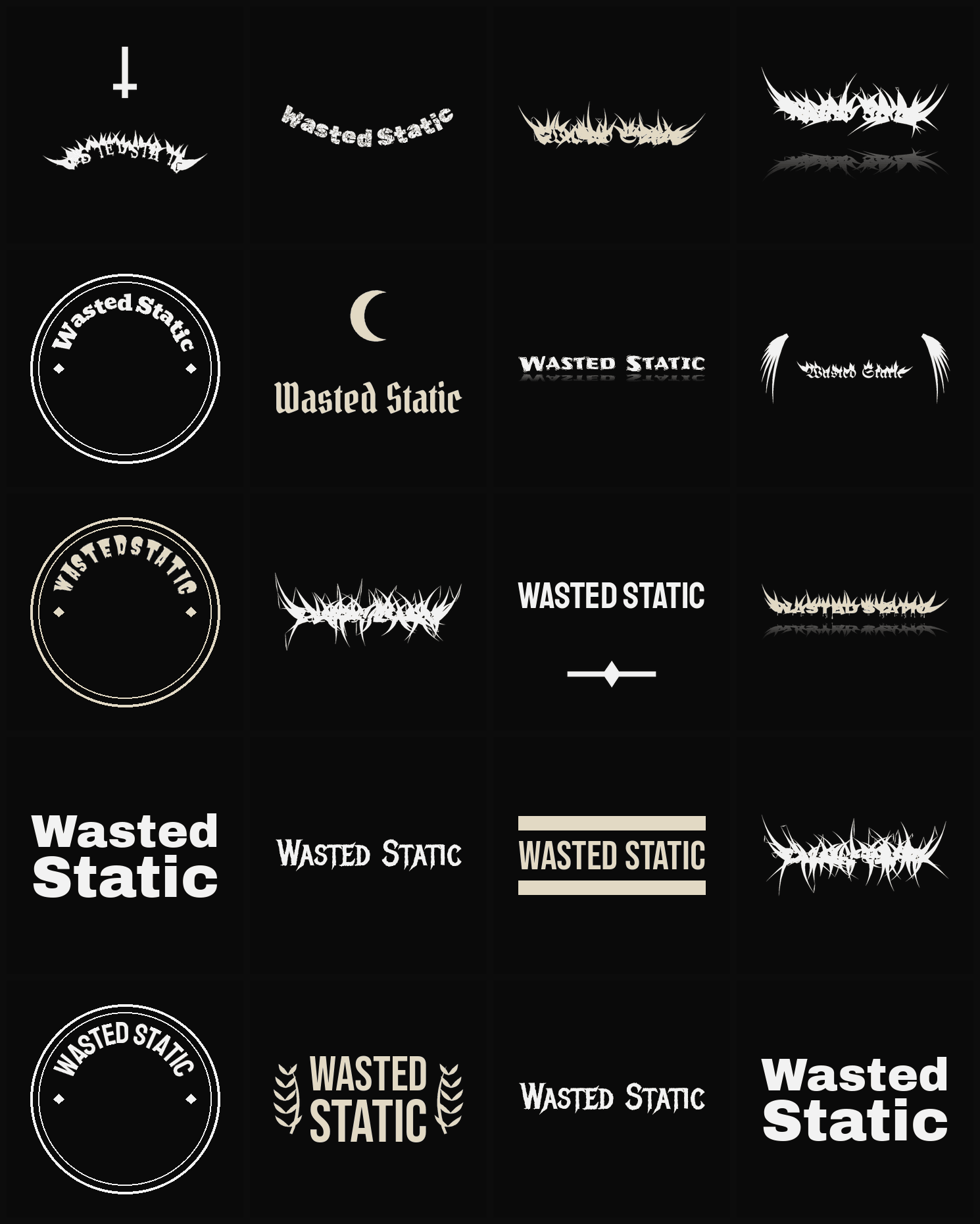 Twenty Wasted Static band logo ideas — different faces, treatments and spike settings