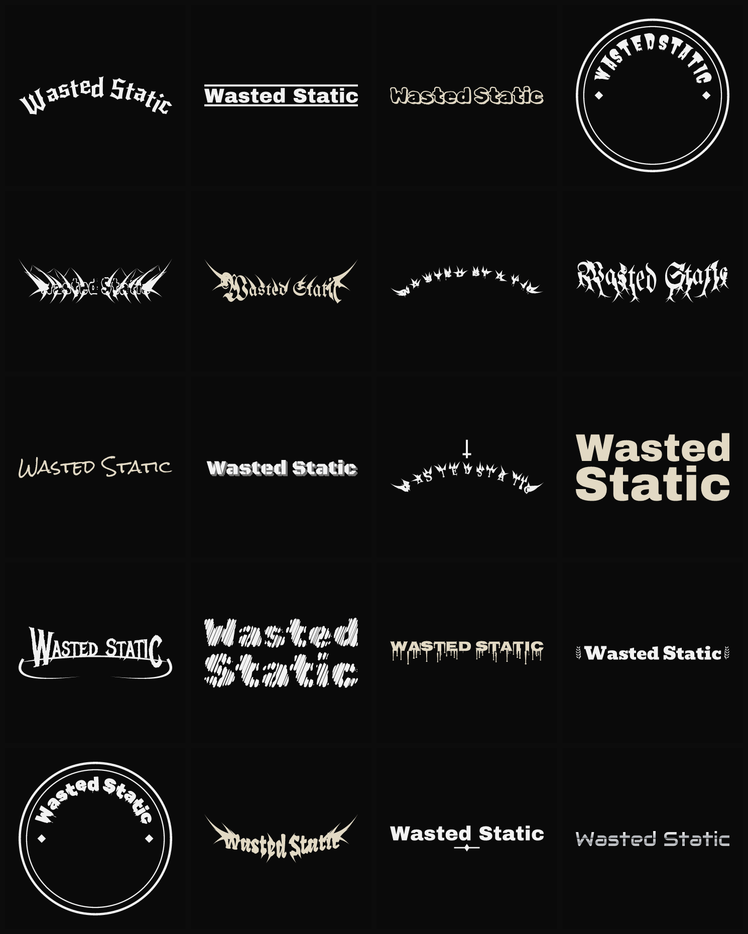 Twenty Wasted Static band logo ideas — different faces, treatments and spike settings