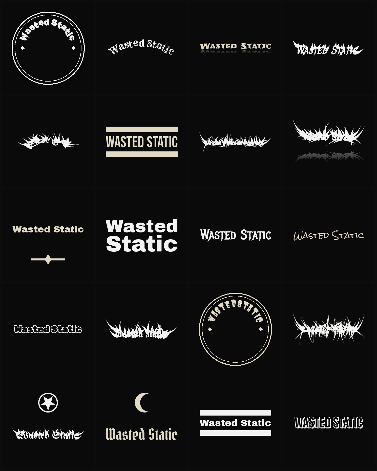 Twenty Wasted Static band logo ideas — different faces, treatments and spike settings