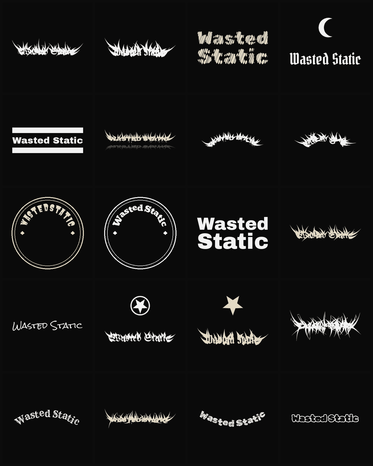 Twenty Wasted Static band logo ideas — different faces, treatments and spike settings