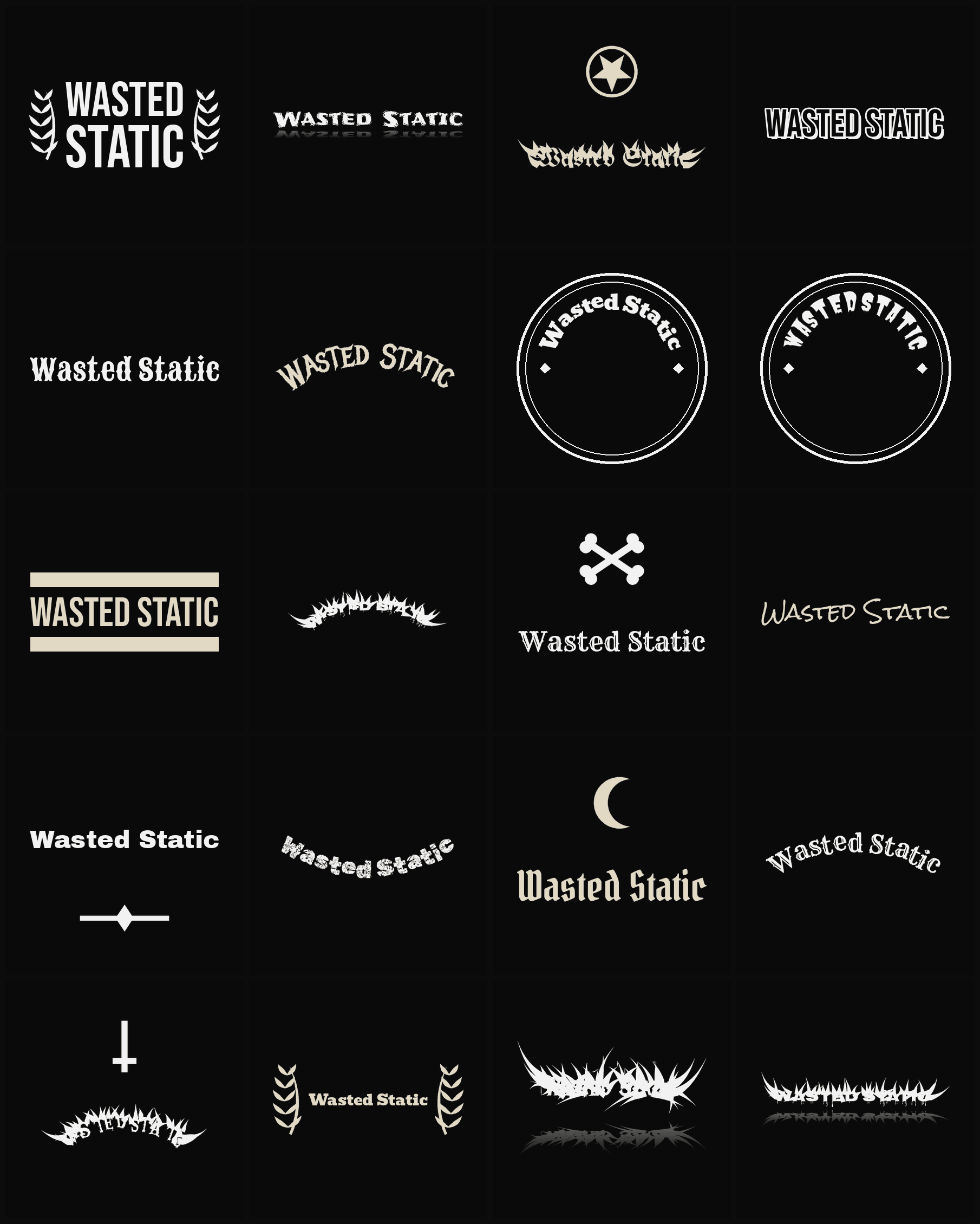 Twenty Wasted Static band logo ideas — different faces, treatments and spike settings
