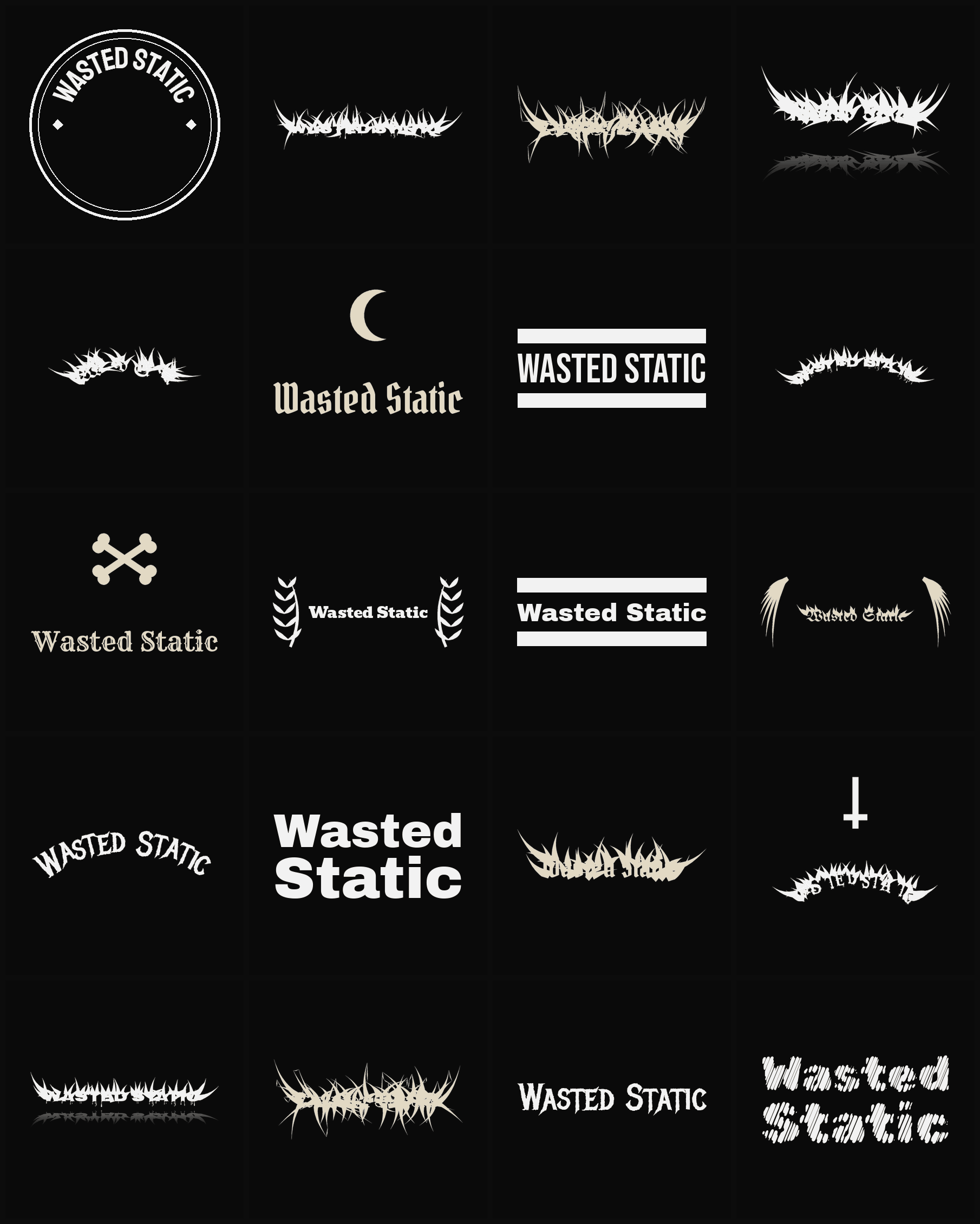 Twenty Wasted Static band logo ideas — different faces, treatments and spike settings
