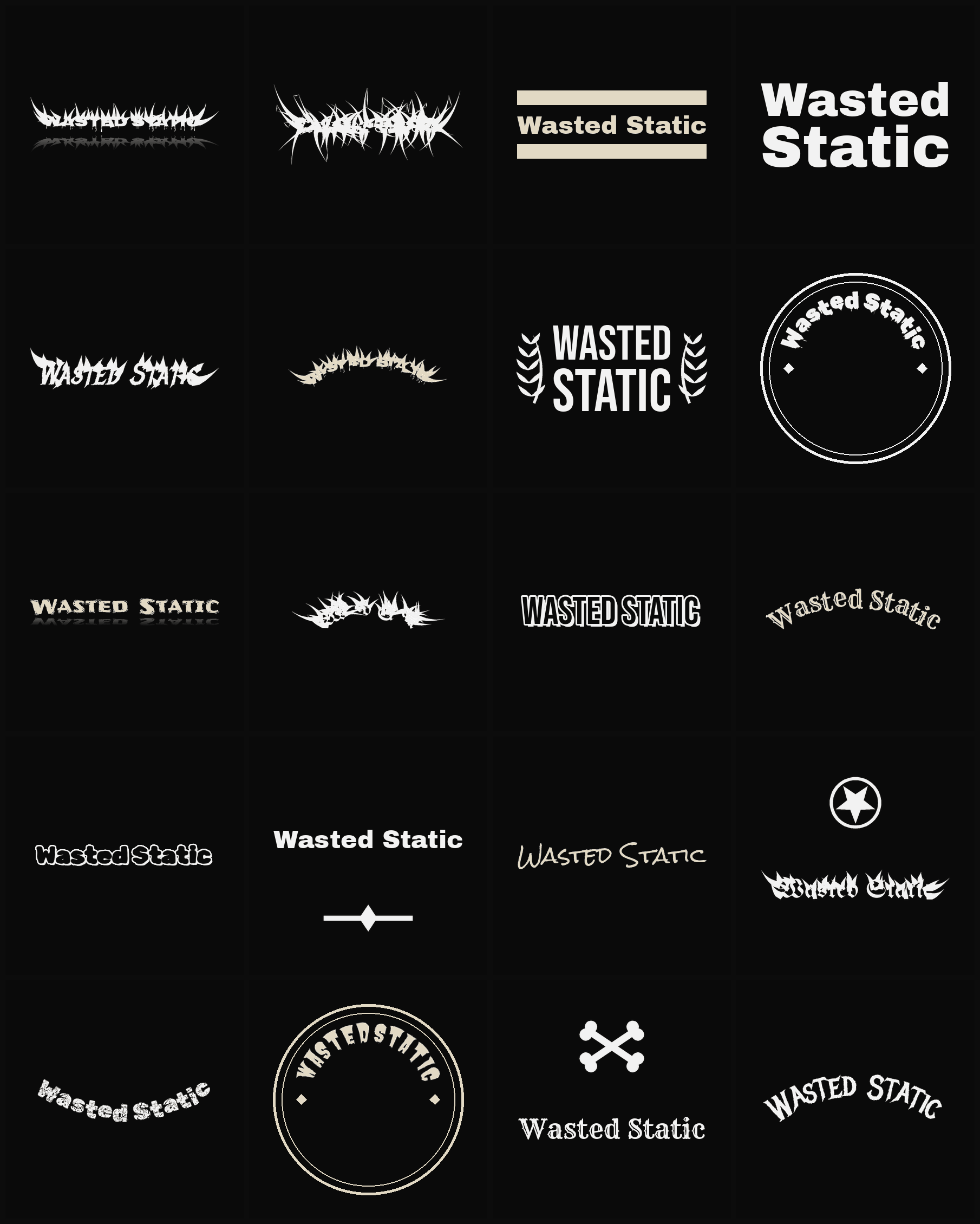 Twenty Wasted Static band logo ideas — different faces, treatments and spike settings